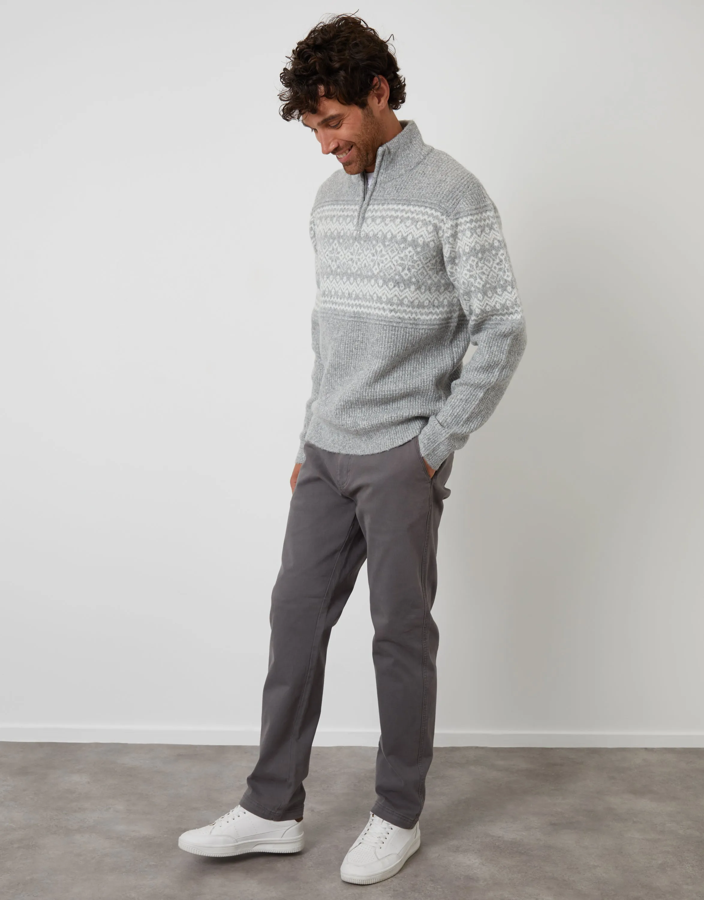 Grey Textured Knitted Fairisle Quarter Zip Jumper sold by Threadbare product image thumbnail 3