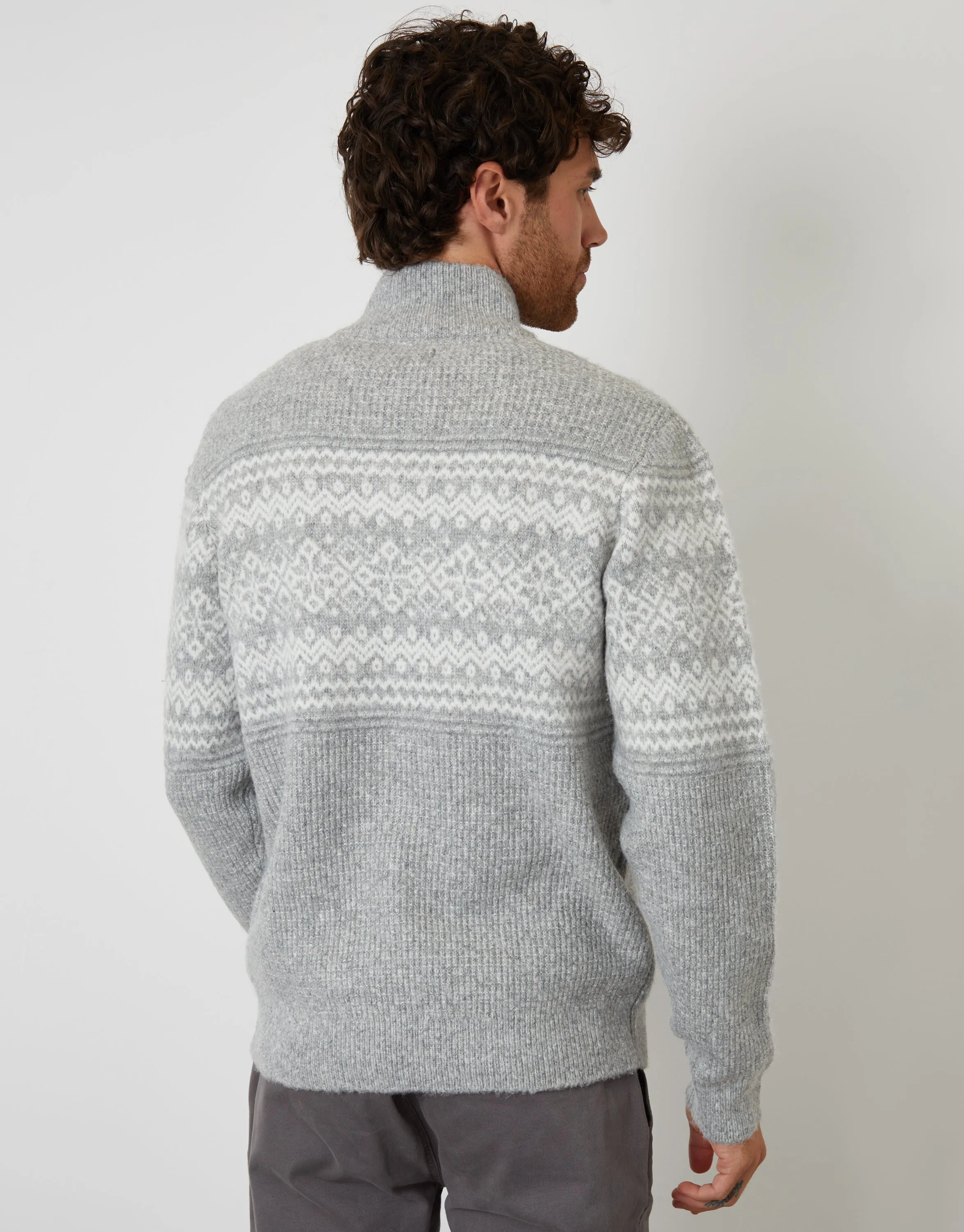 Grey Textured Knitted Fairisle Quarter Zip Jumper sold by Threadbare product image thumbnail 2