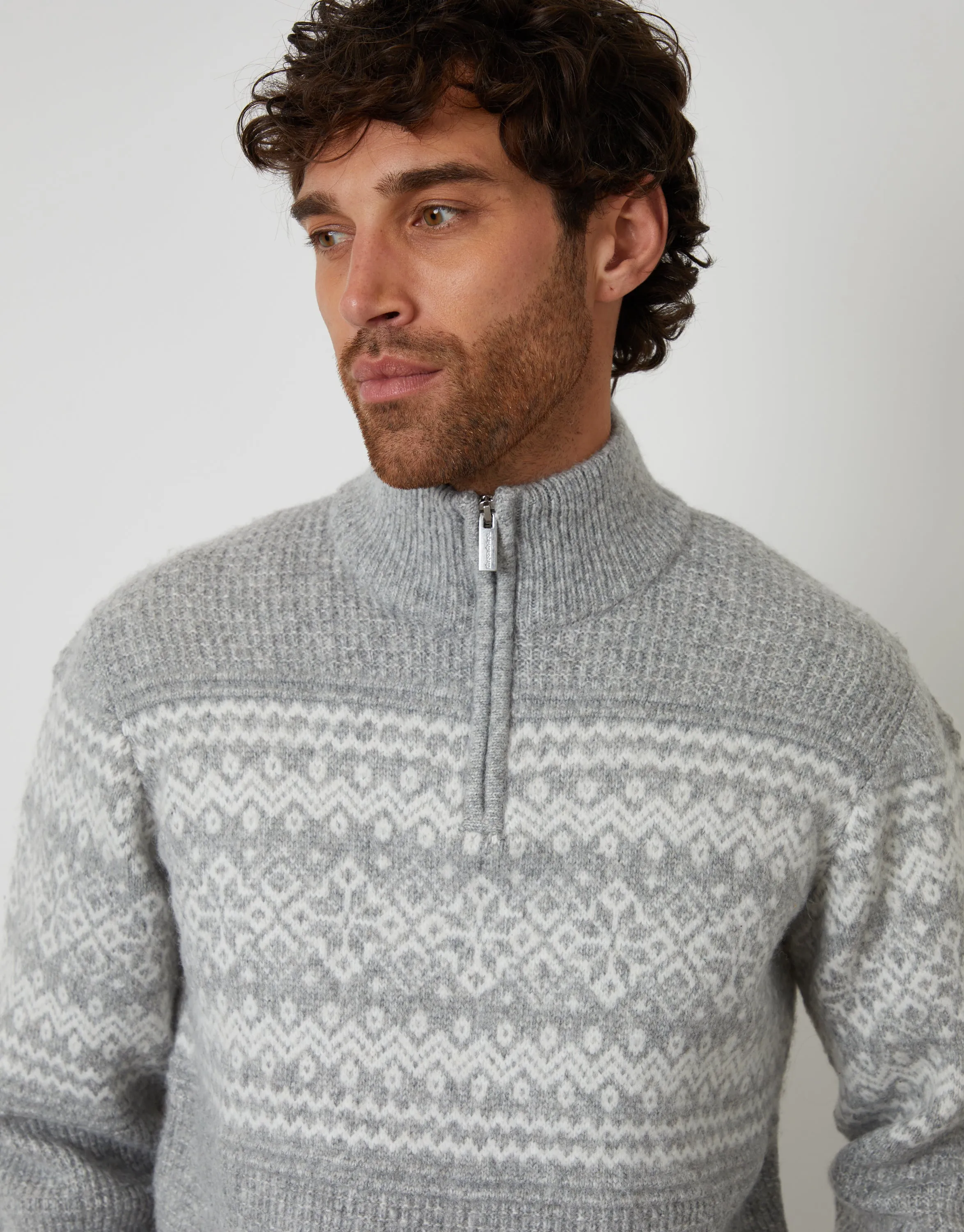 Grey Textured Knitted Fairisle Quarter Zip Jumper sold by Threadbare product image thumbnail 4