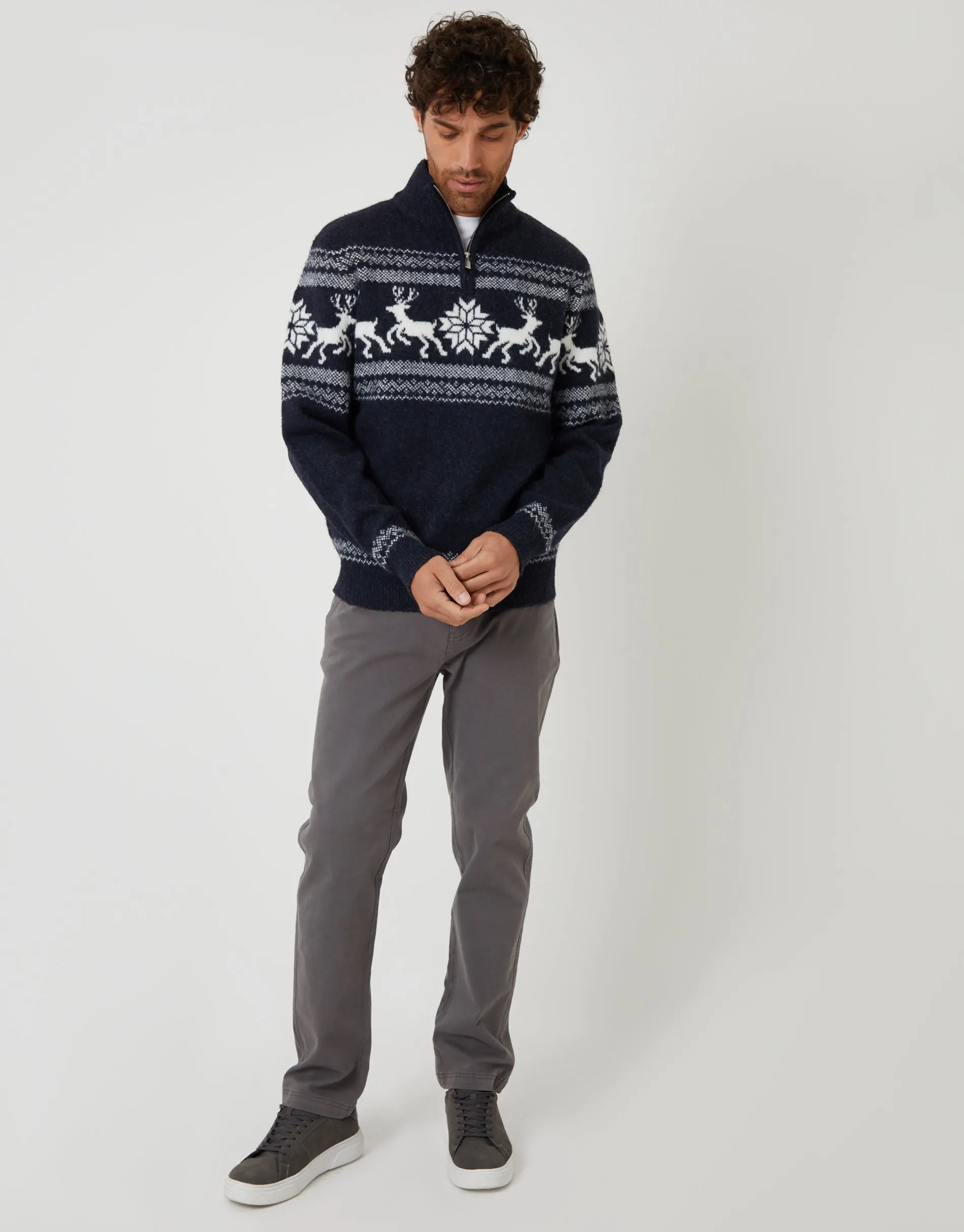 Navy Marl Fairisle Knitted Quarter Zip Christmas Jumper sold by Threadbare product image thumbnail 3
