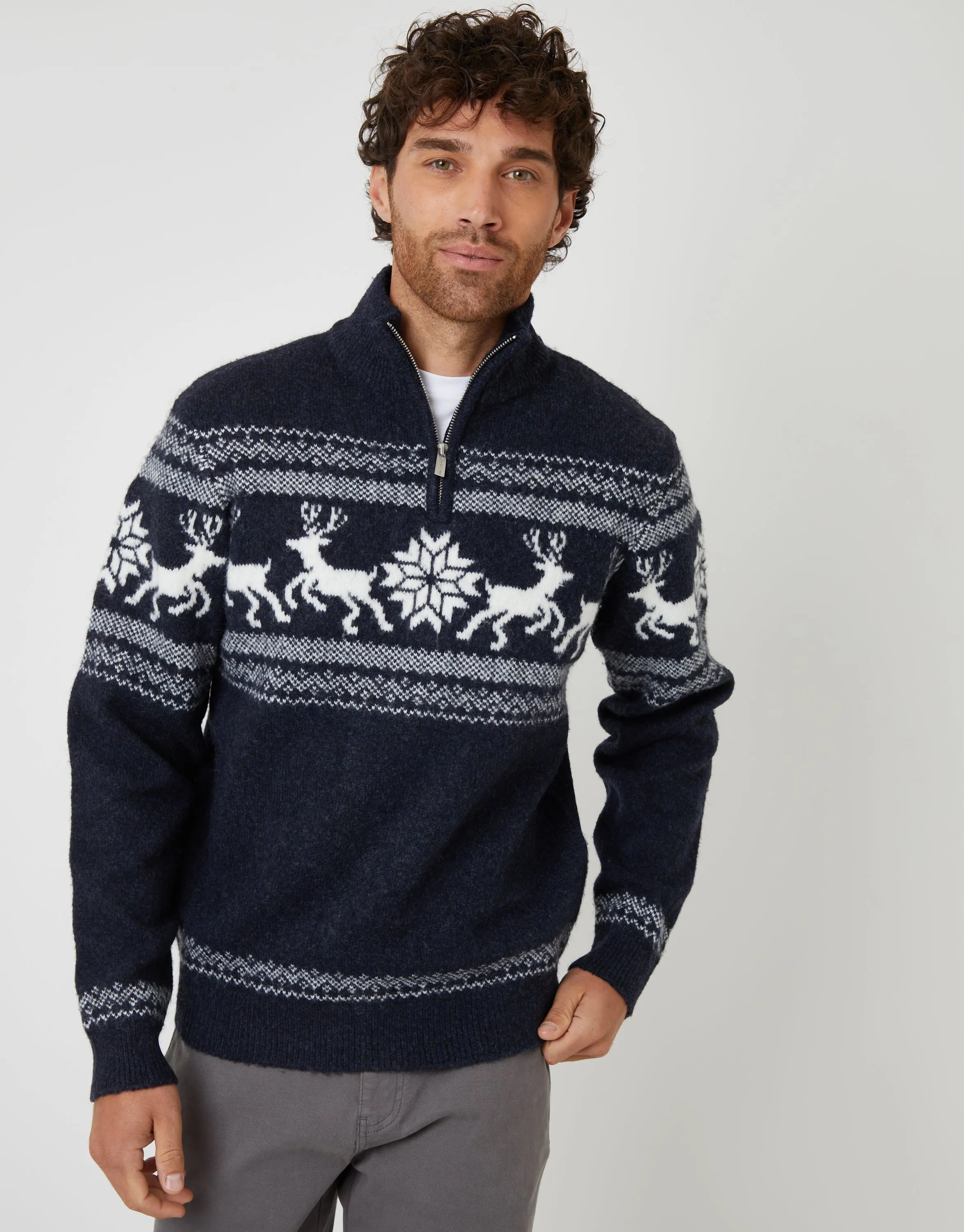 Navy Marl Fairisle Knitted Quarter Zip Christmas Jumper sold by Threadbare