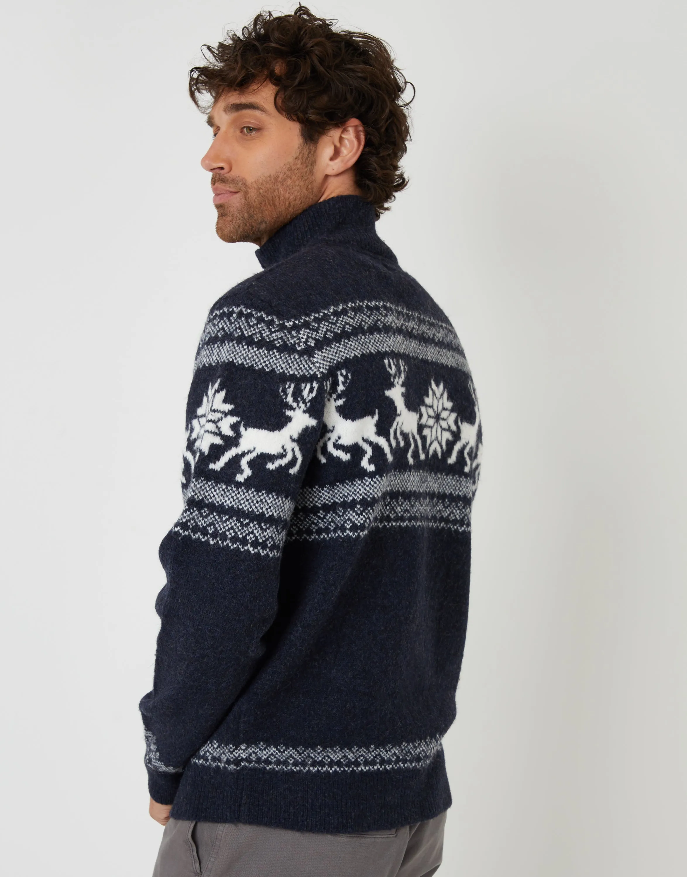 Navy Marl Fairisle Knitted Quarter Zip Christmas Jumper sold by Threadbare product image thumbnail 2