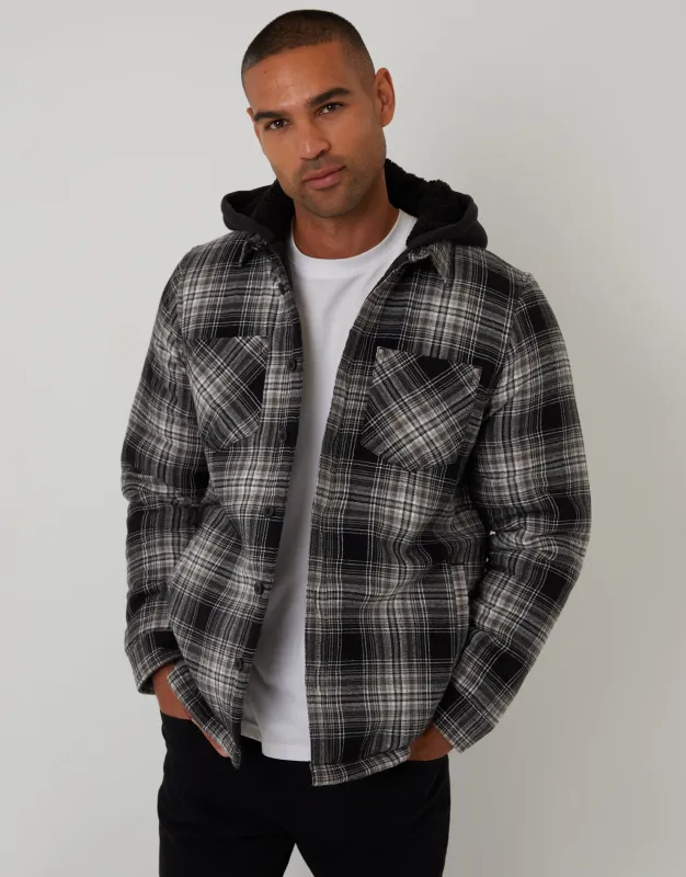 Black Check Quilted Shacket with Borg Lined Hood sold by Threadbare