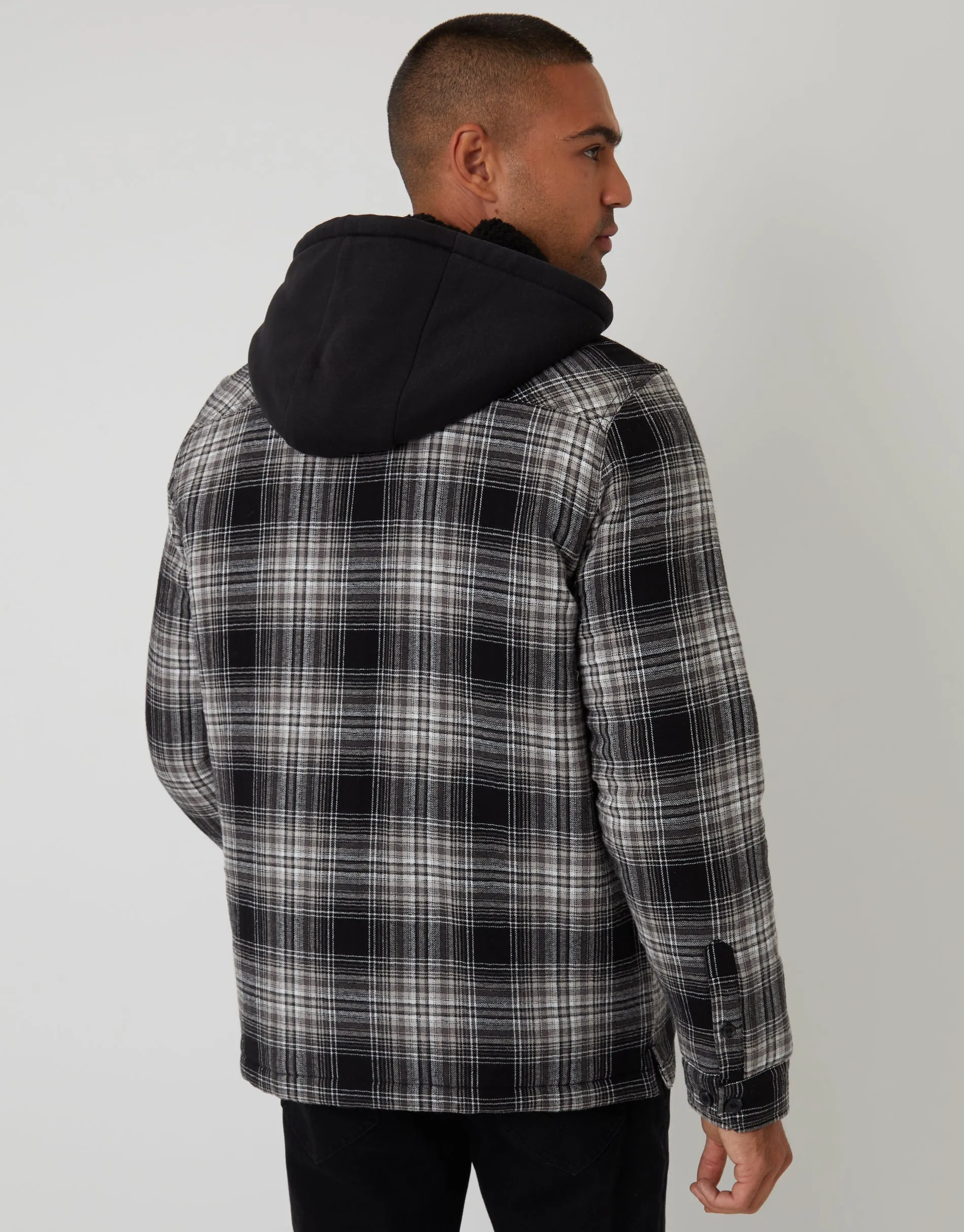 Black Check Quilted Shacket with Borg Lined Hood sold by Threadbare product image thumbnail 2
