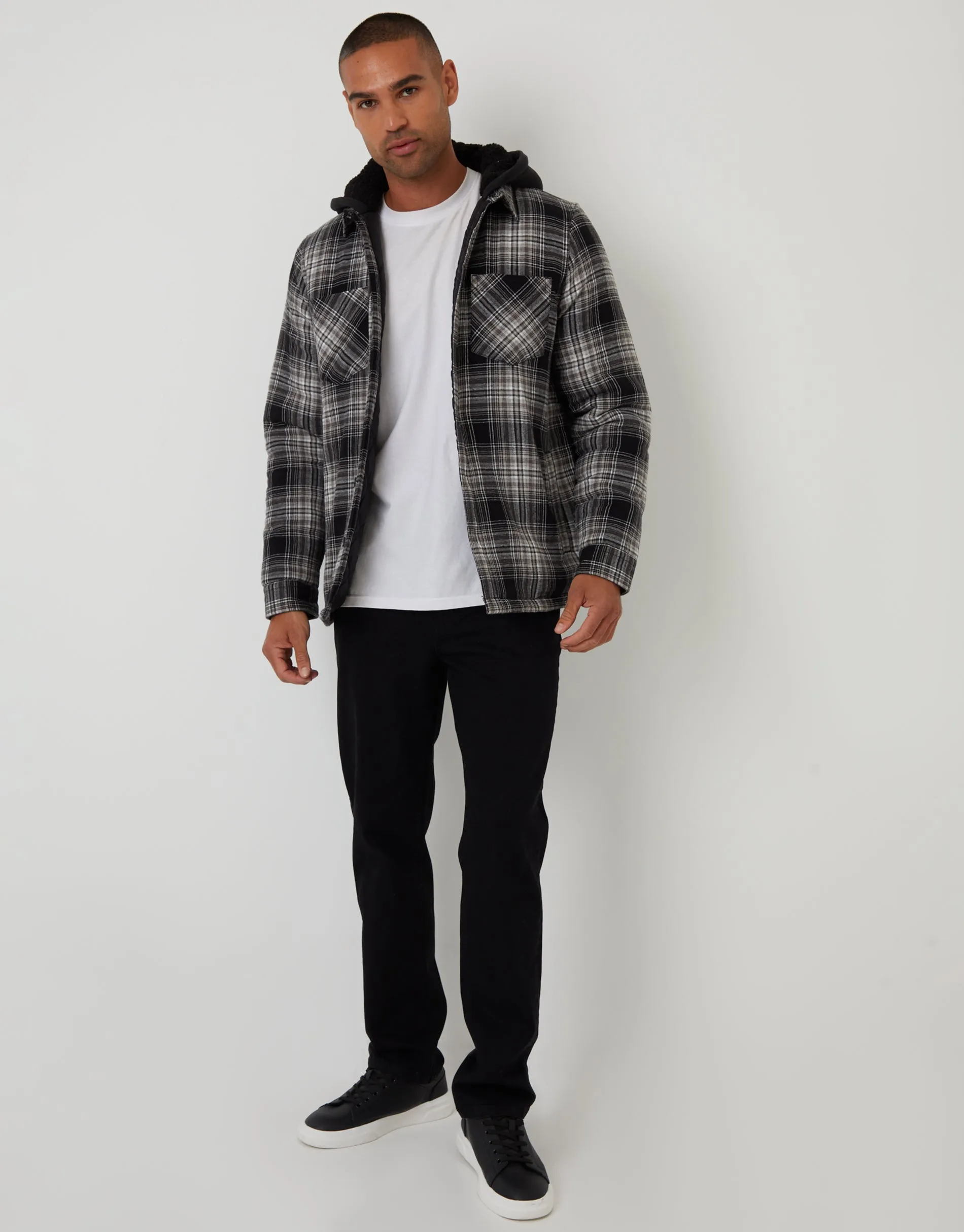 Black Check Quilted Shacket with Borg Lined Hood sold by Threadbare product image thumbnail 3