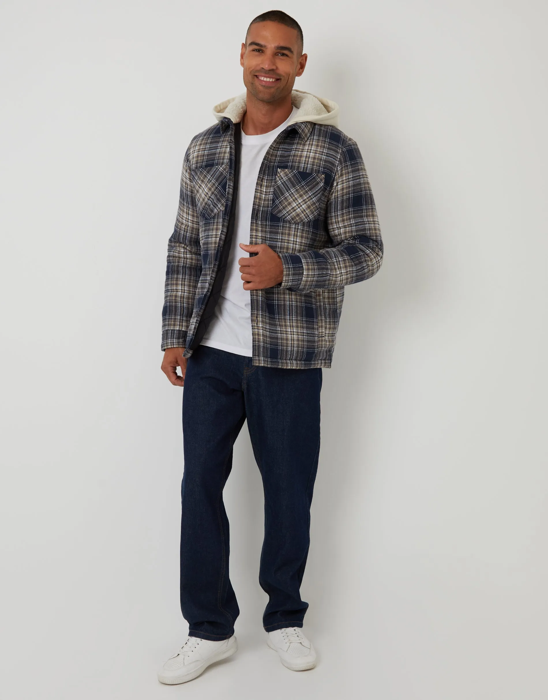 Navy Check Quilted Shacket with Borg Lined Hood sold by Threadbare product image thumbnail 3