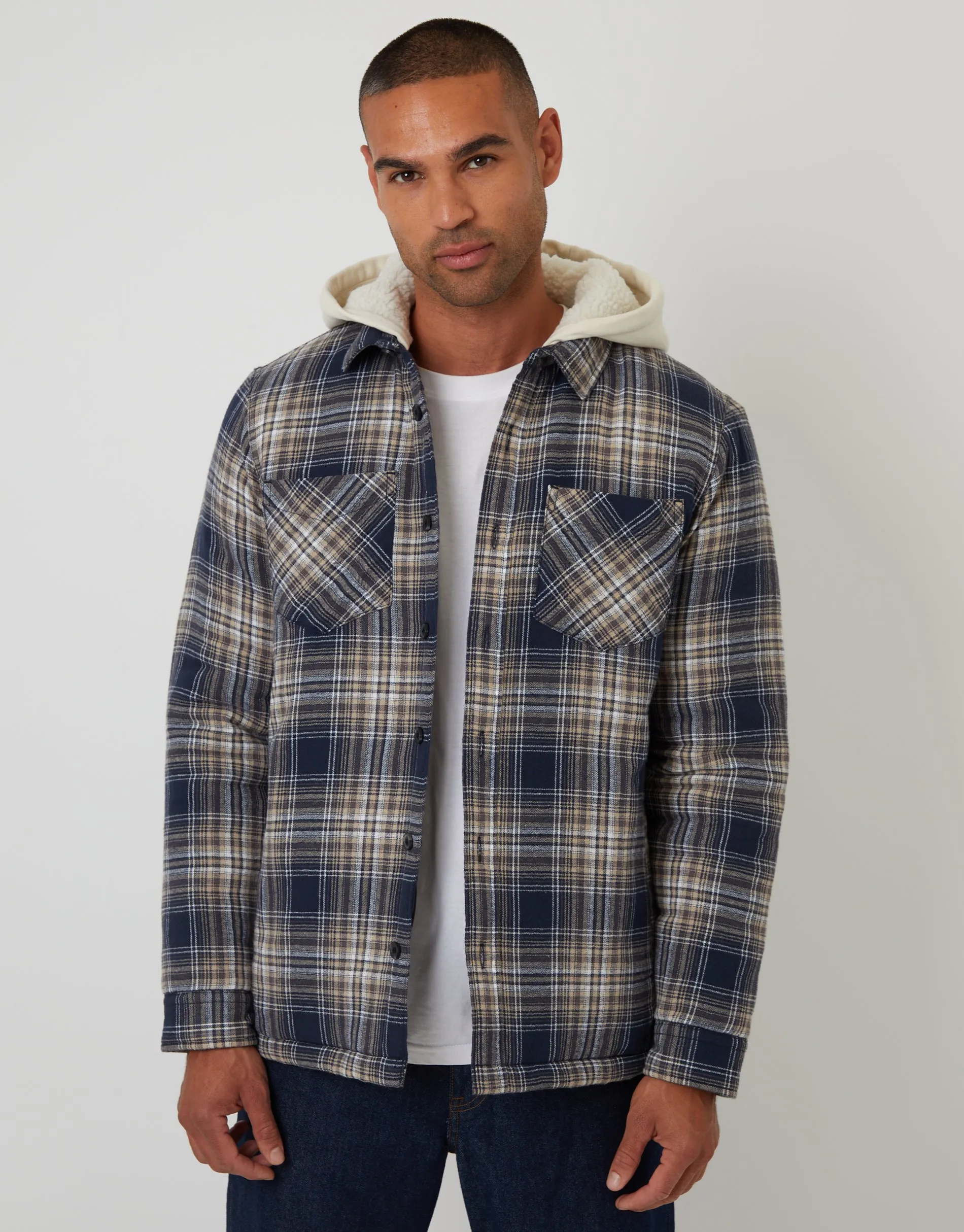 Navy Check Quilted Shacket with Borg Lined Hood sold by Threadbare