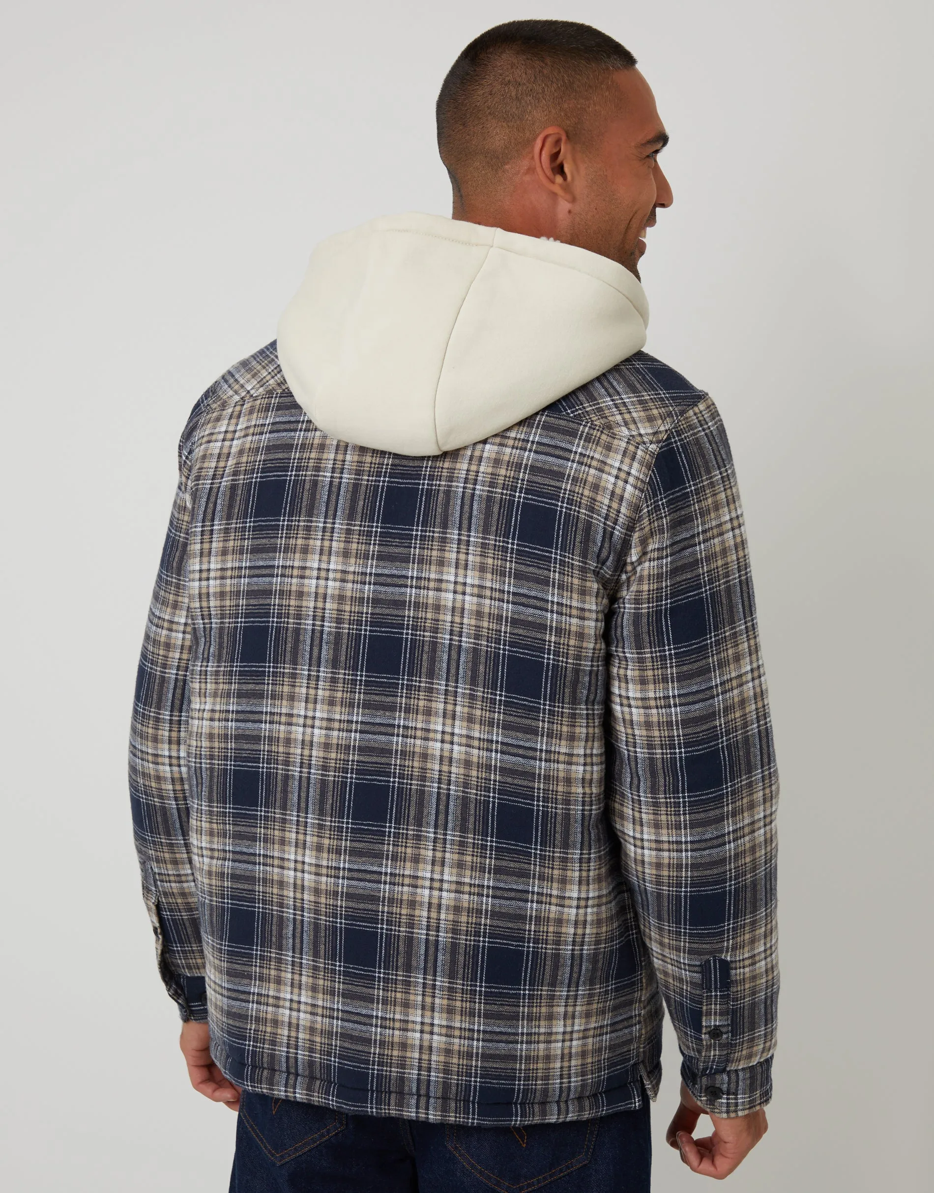 Navy Check Quilted Shacket with Borg Lined Hood sold by Threadbare product image thumbnail 2