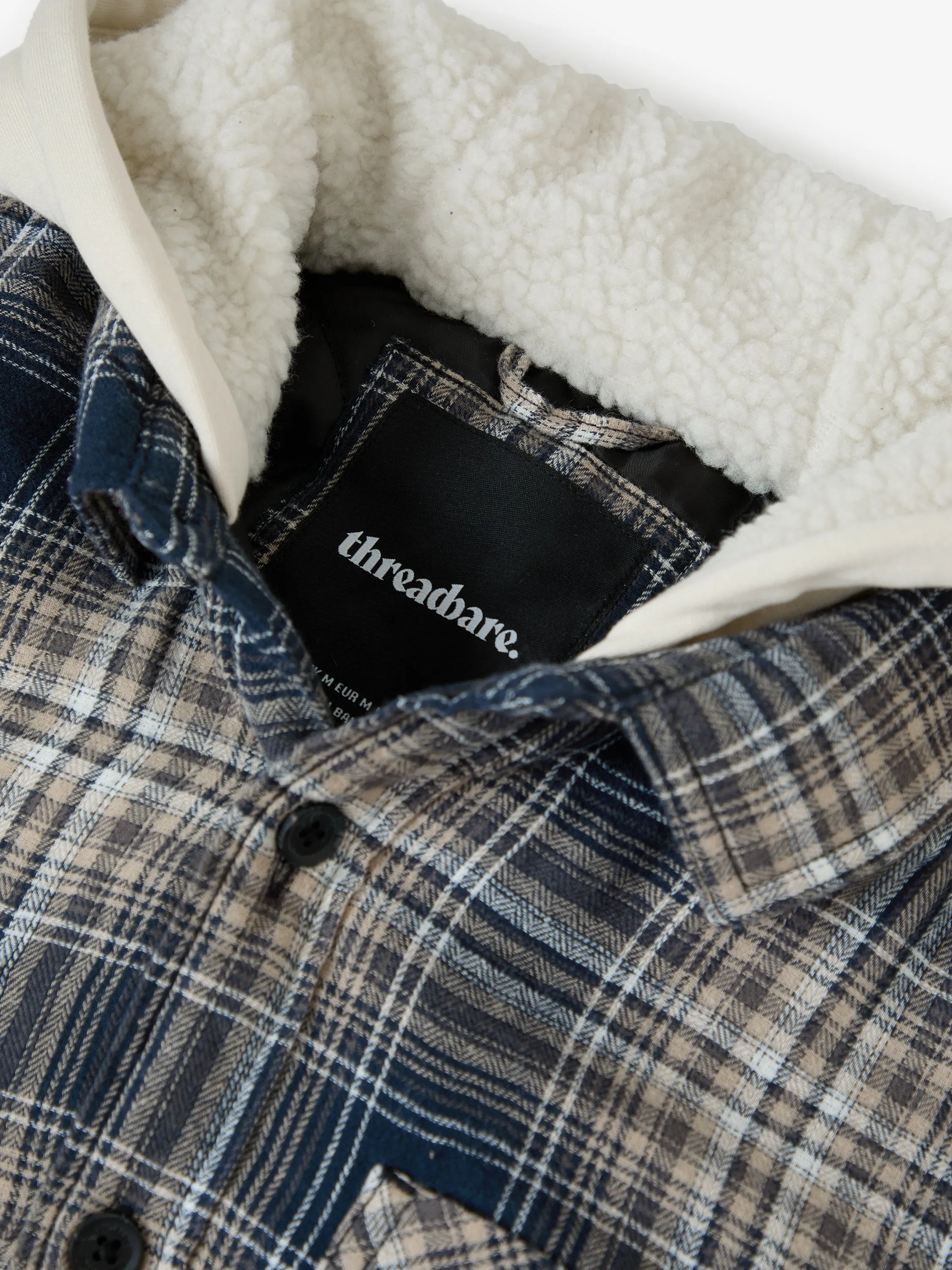 Navy Check Quilted Shacket with Borg Lined Hood sold by Threadbare product image thumbnail 5