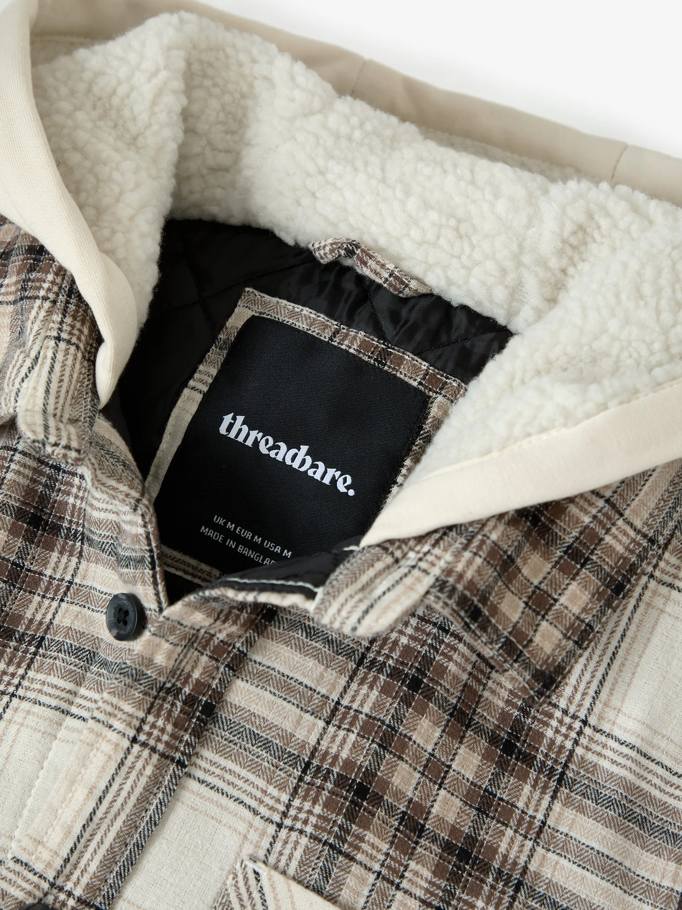 Cream Check Quilted Shacket with Borg Lined Hood sold by Threadbare product image thumbnail 5