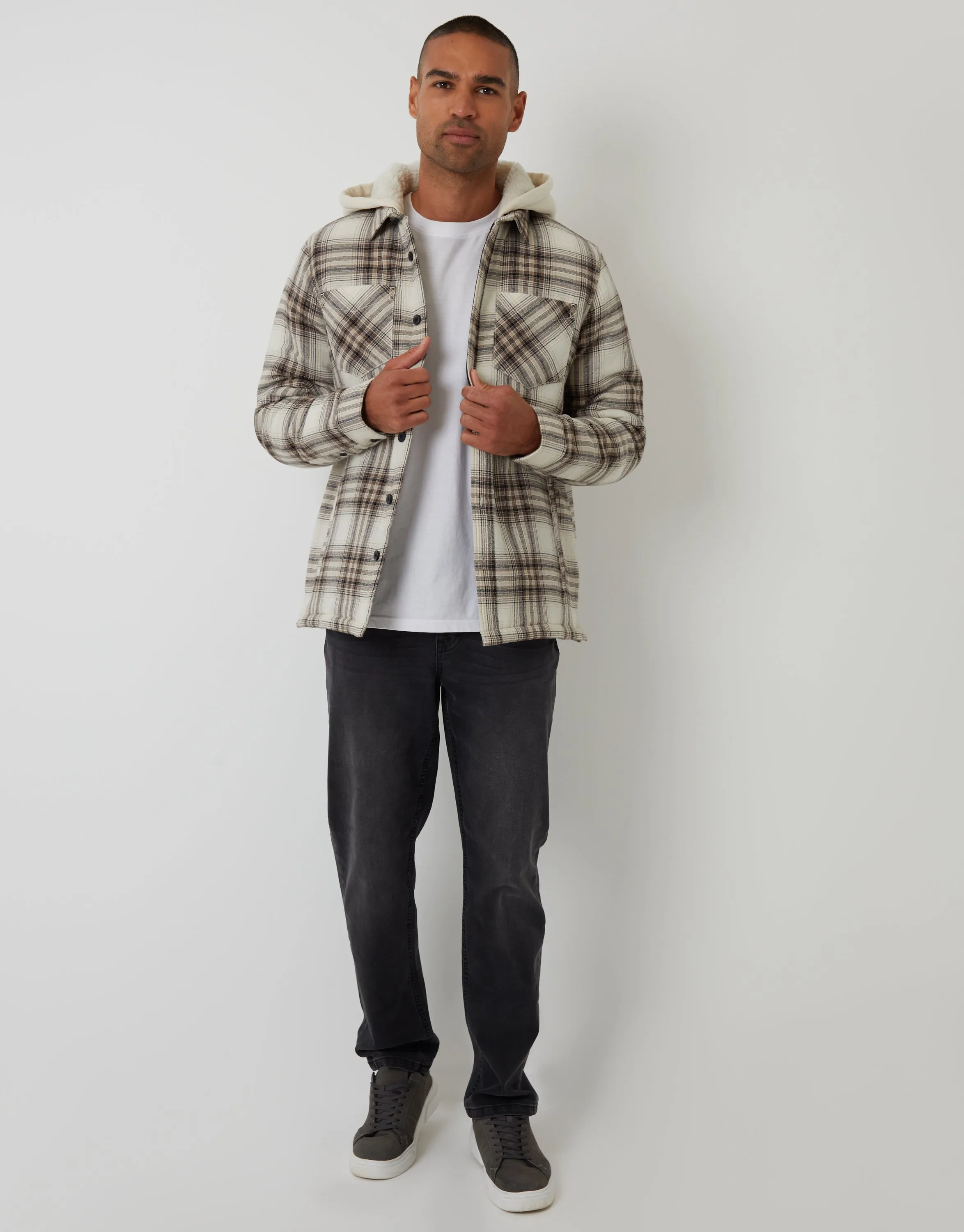 Cream Check Quilted Shacket with Borg Lined Hood sold by Threadbare product image thumbnail 3