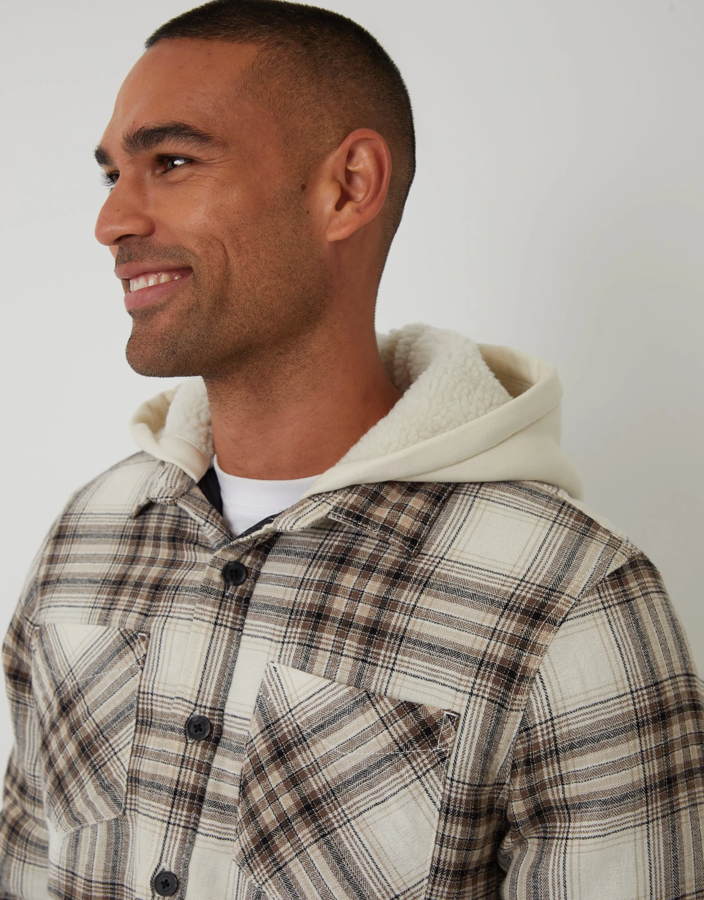 Cream Check Quilted Shacket with Borg Lined Hood sold by Threadbare product image thumbnail 4