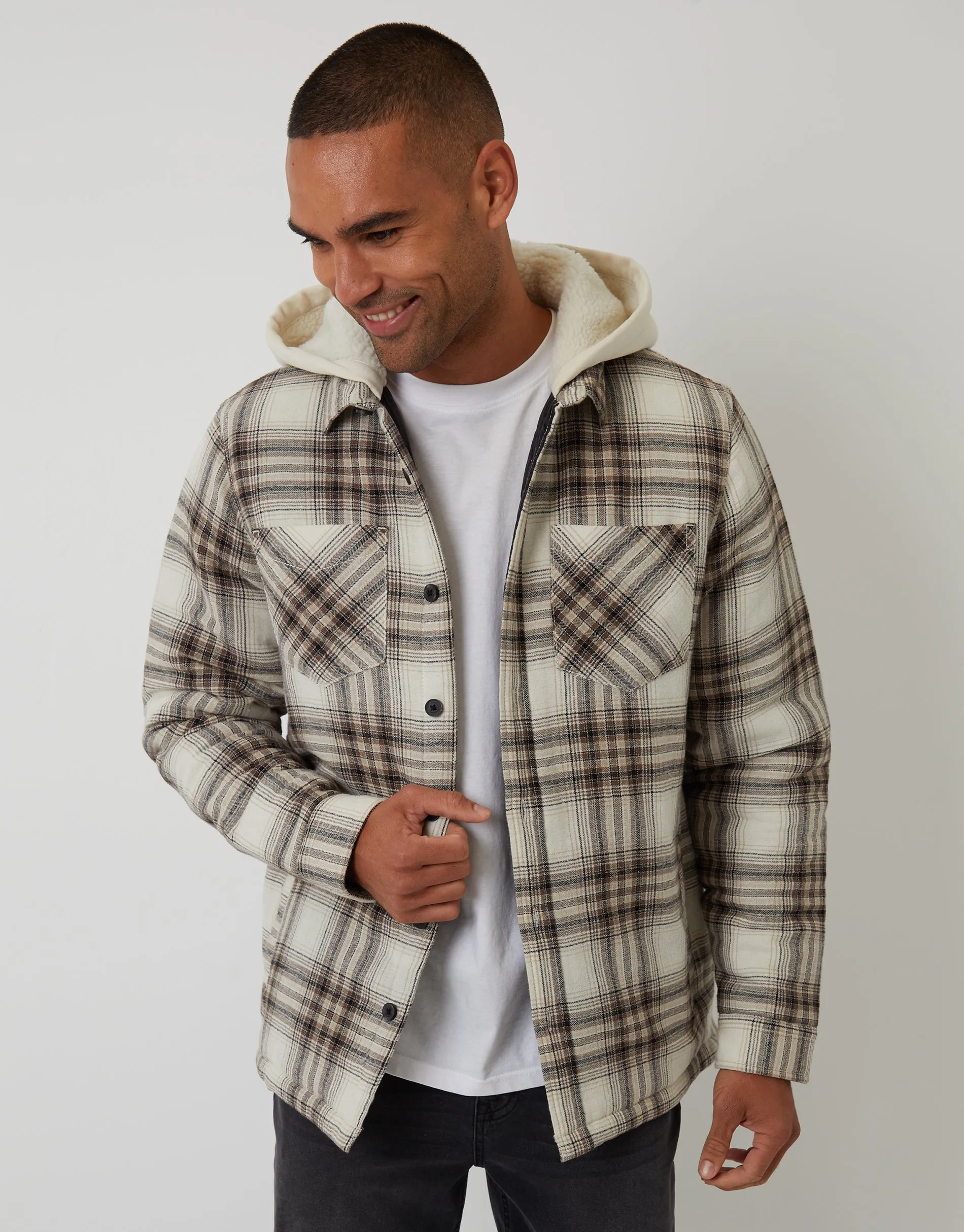 Cream Check Quilted Shacket with Borg Lined Hood sold by Threadbare