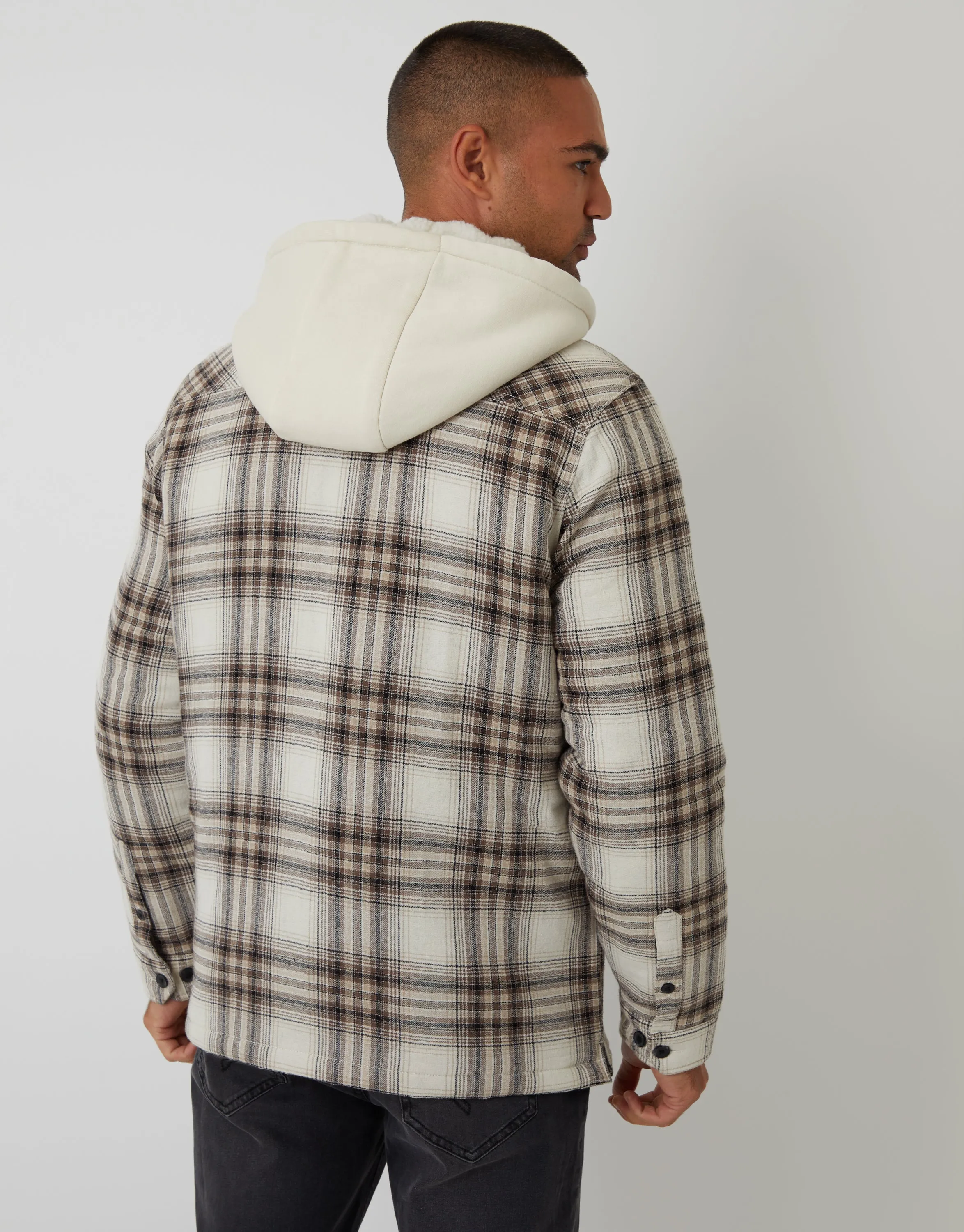 Cream Check Quilted Shacket with Borg Lined Hood sold by Threadbare product image thumbnail 2