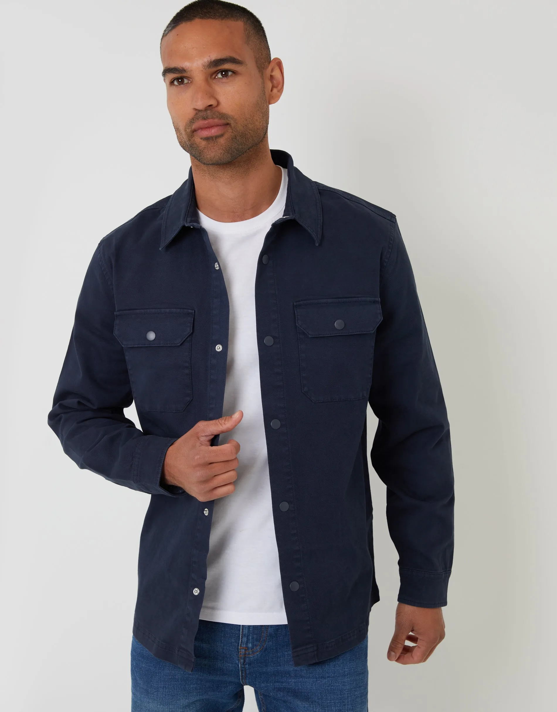 Navy Snap Fastening Shacket sold by Threadbare