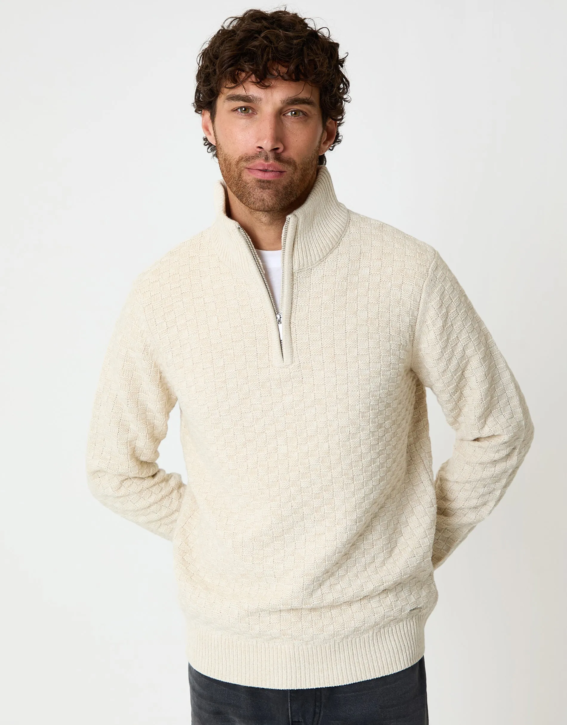 Ecru Basket Stitch Quarter Zip Jumper sold by Threadbare