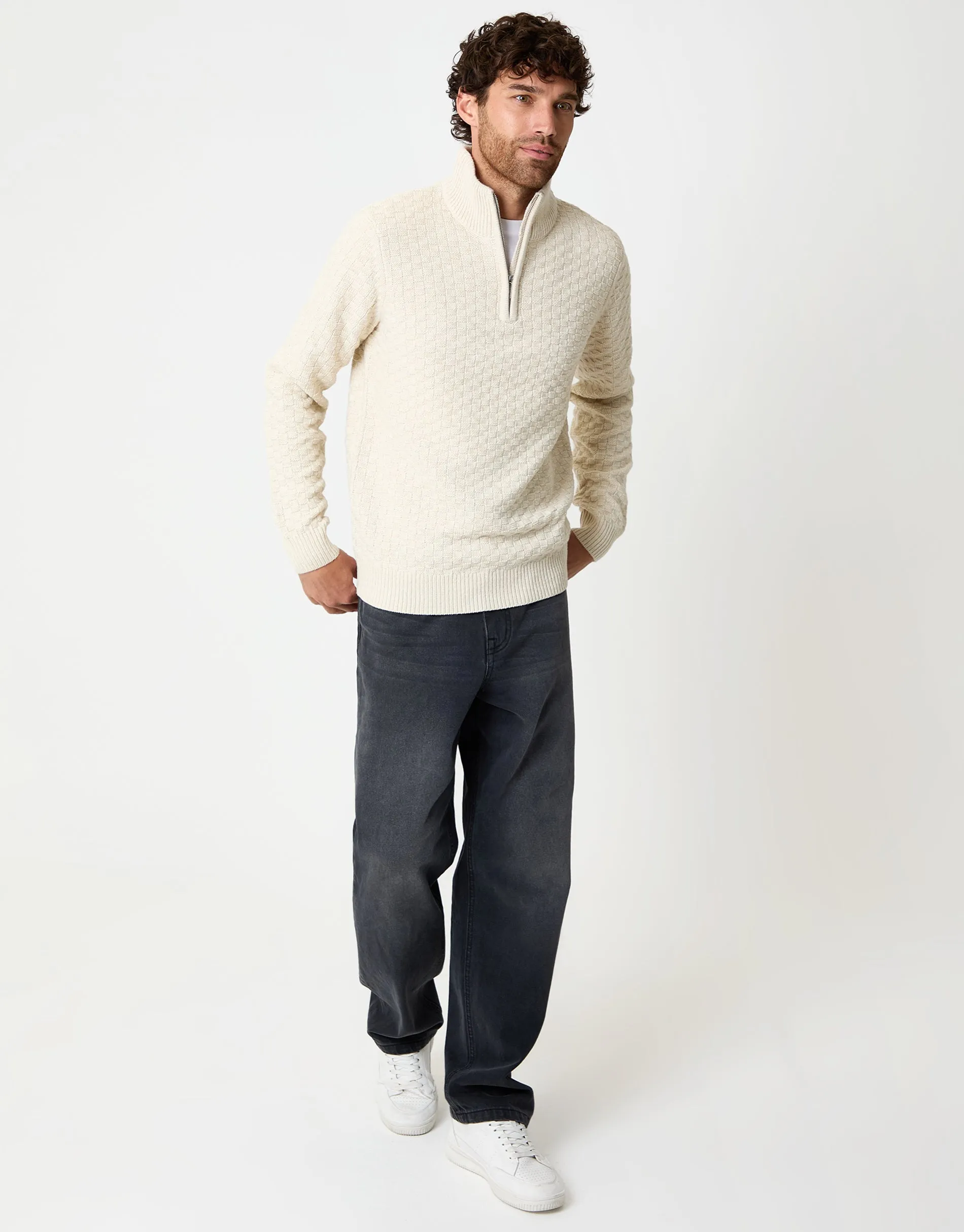 Ecru Basket Stitch Quarter Zip Jumper sold by Threadbare product image thumbnail 3