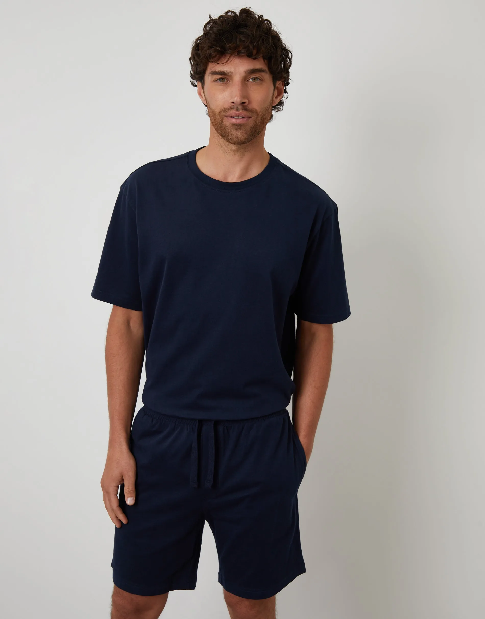 Navy Relaxed Fit Peached Cotton Shortie Lounge Set (2-Piece Set) sold by Threadbare