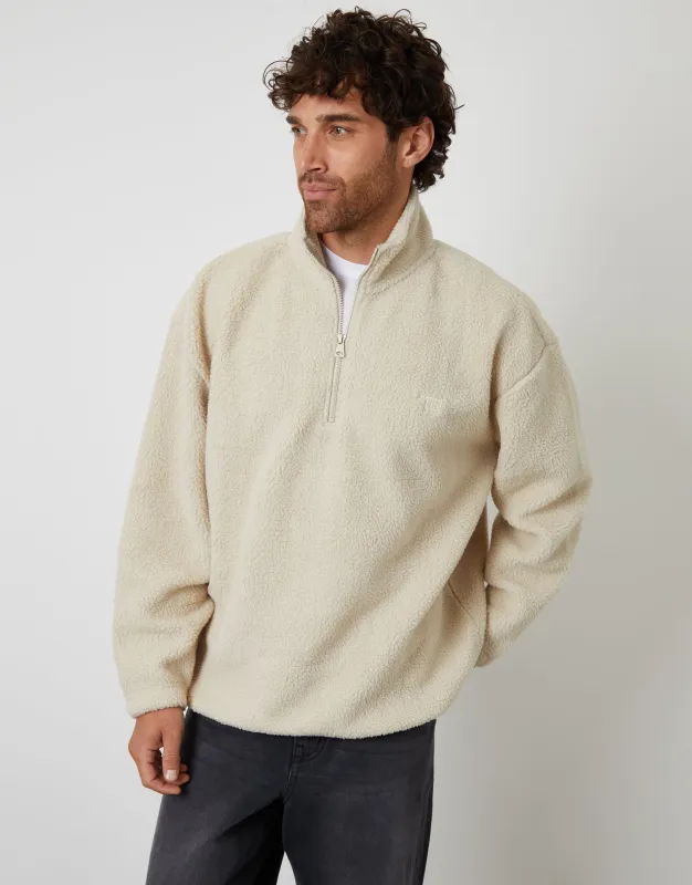 Stone Relaxed Fit Quarter Zip Borg Sweatshirt sold by Threadbare
