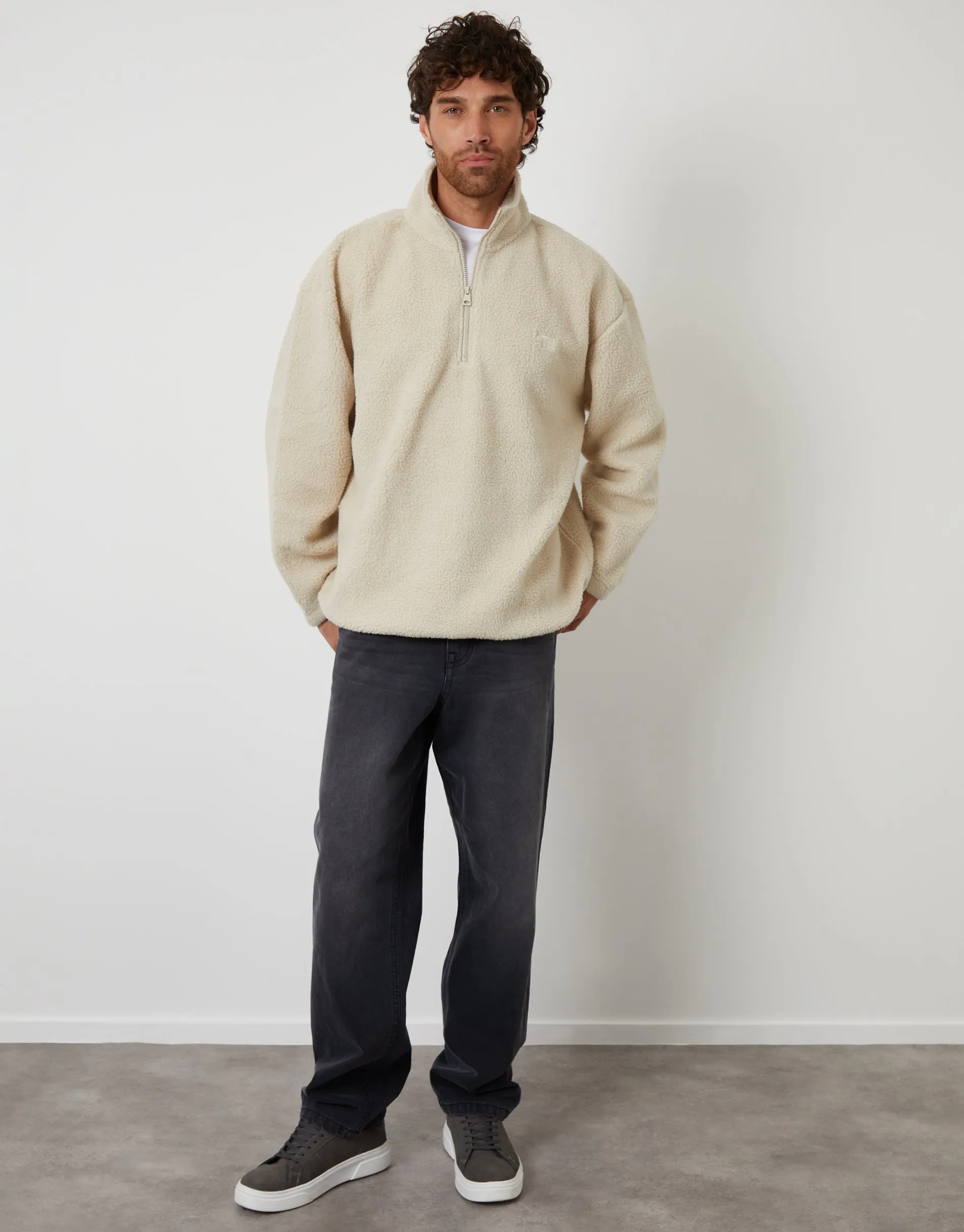 Stone Relaxed Fit Quarter Zip Borg Sweatshirt sold by Threadbare product image thumbnail 3