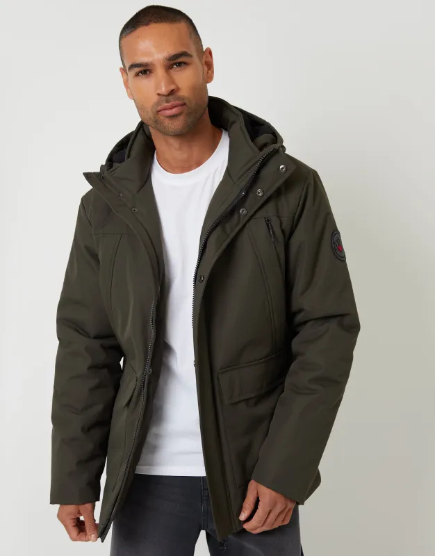 Khaki Green Showerproof Longline Hooded Padded Jacket sold by Threadbare