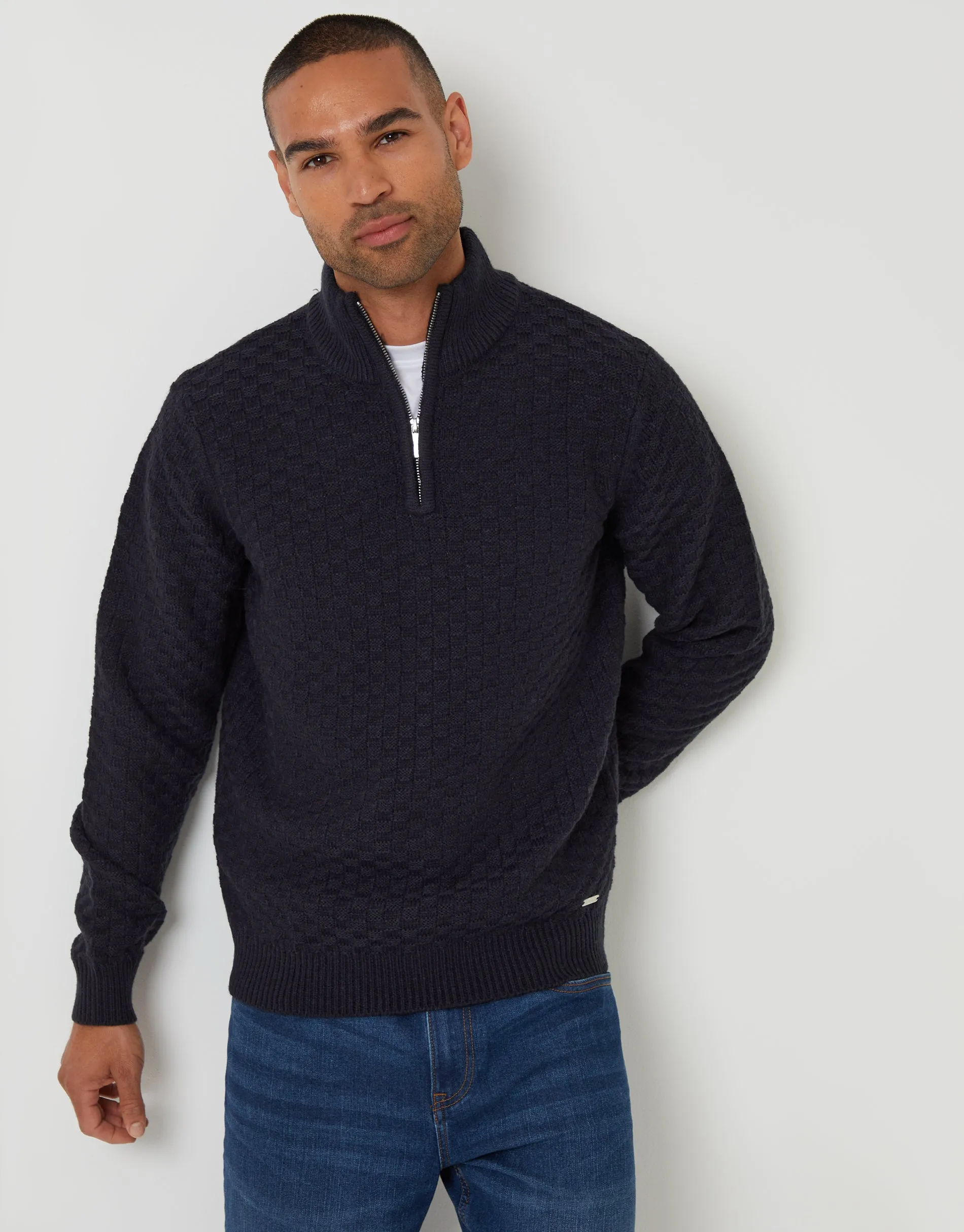 Navy Basket Stitch Quarter Zip Jumper sold by Threadbare product image thumbnail 2