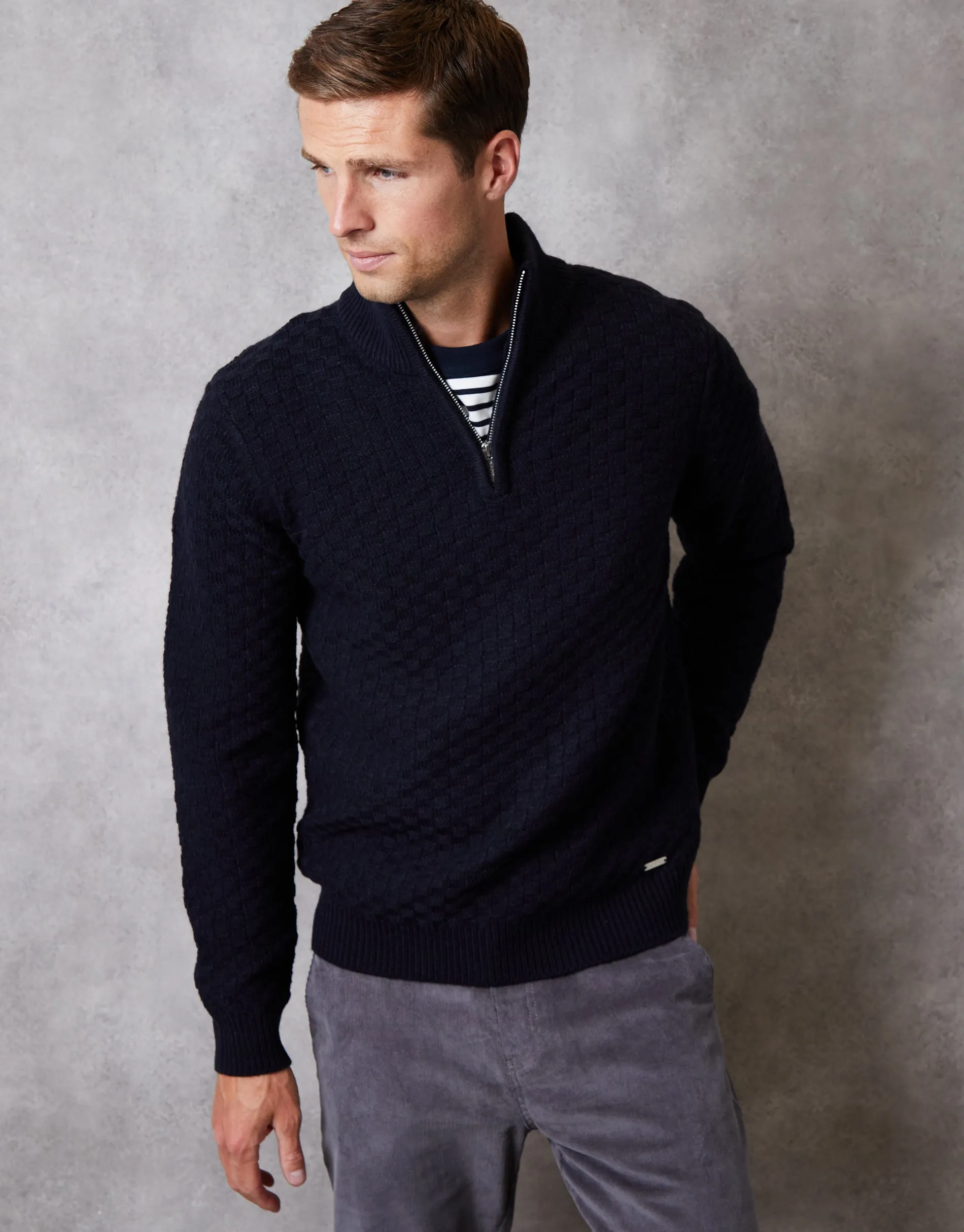 Navy Basket Stitch Quarter Zip Jumper sold by Threadbare