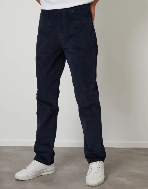 Navy Straight Leg 5 Pocket Stretch Corduroy Trousers sold by Threadbare