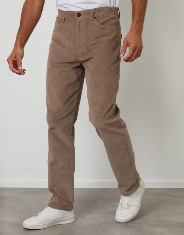 Taupe Straight Leg 5 Pocket Stretch Corduroy Trousers sold by Threadbare