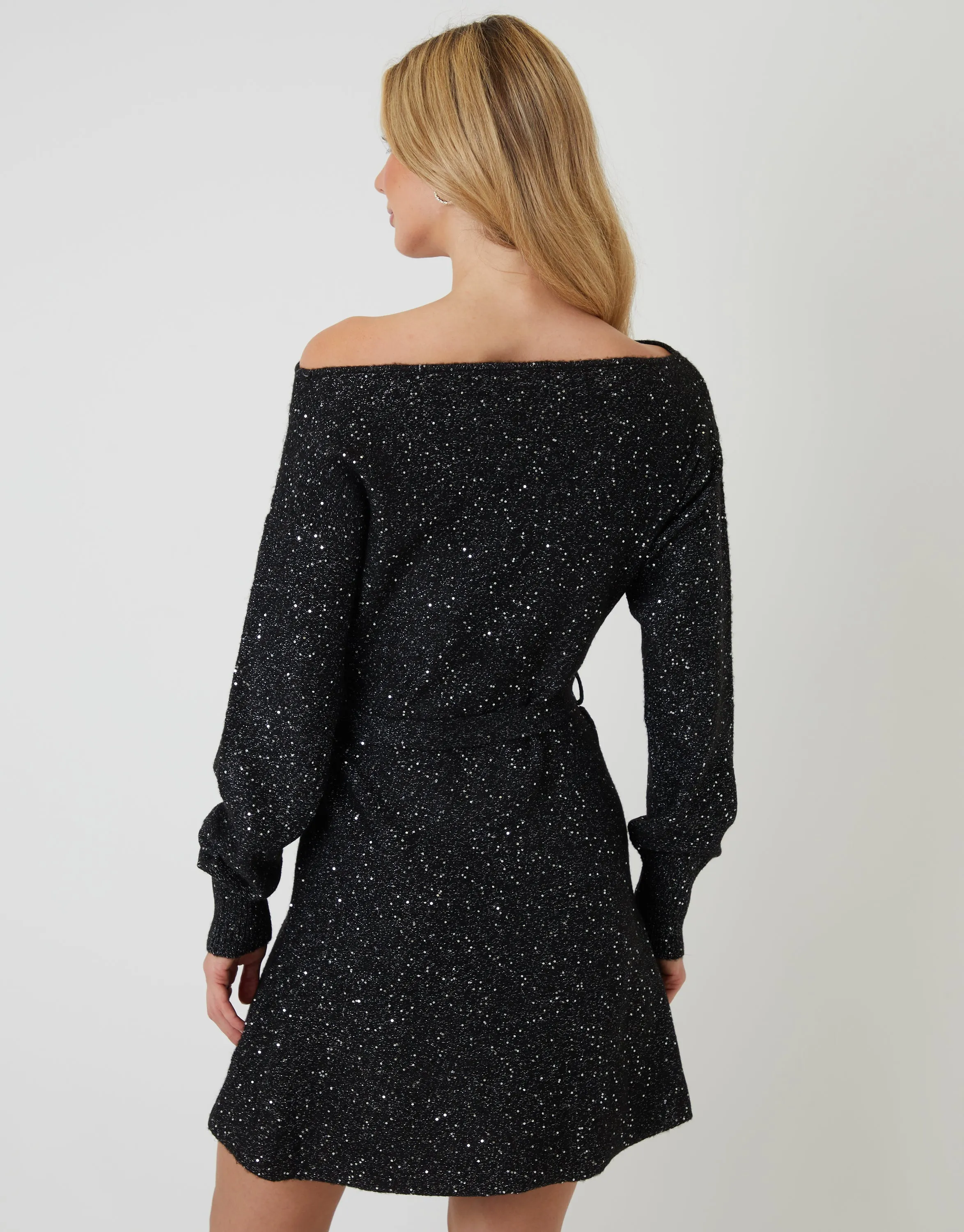 Black Knitted Sequin Slash Neck Mini Dress sold by Threadbare product image thumbnail 3