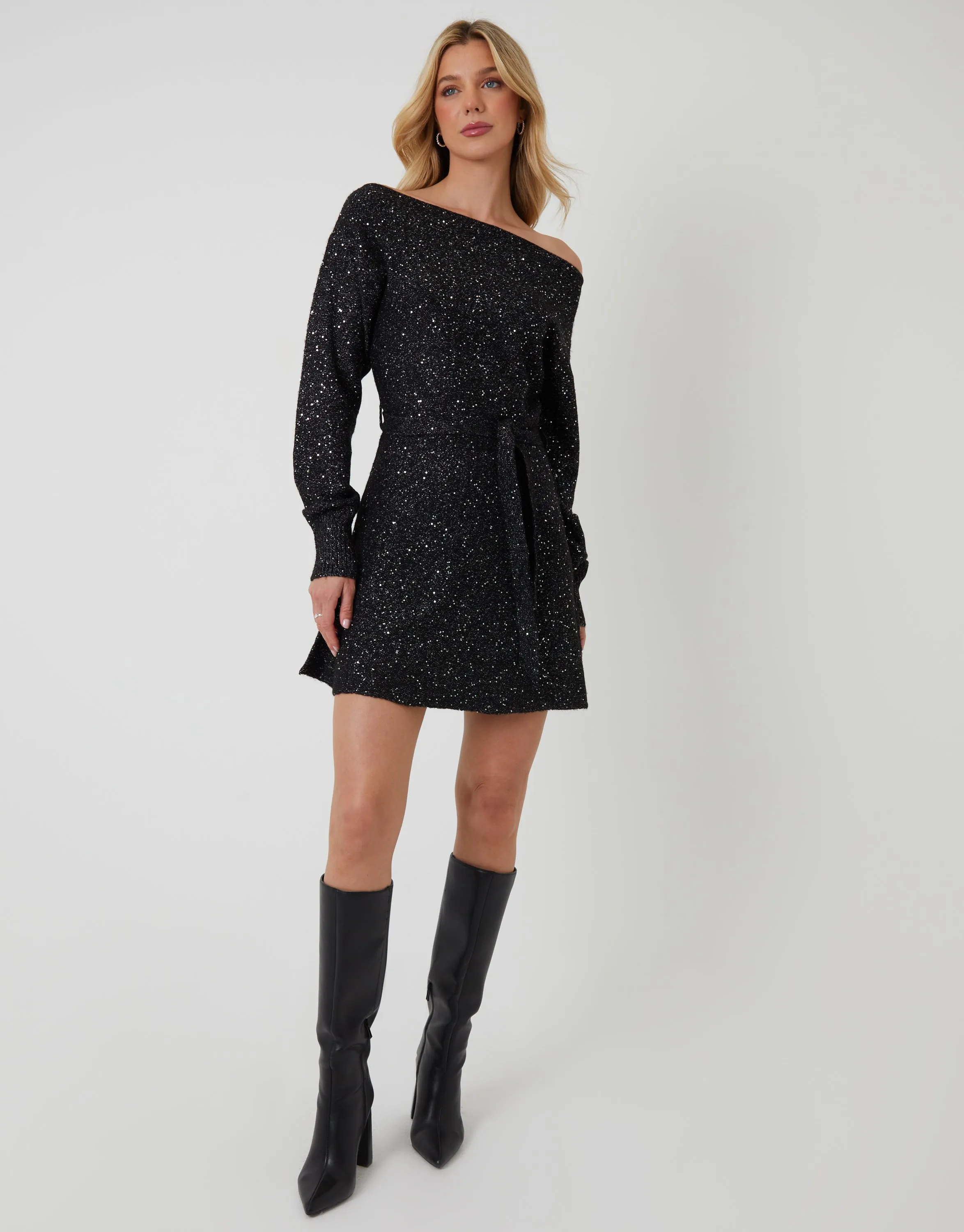 Black Knitted Sequin Slash Neck Mini Dress sold by Threadbare product image thumbnail 4