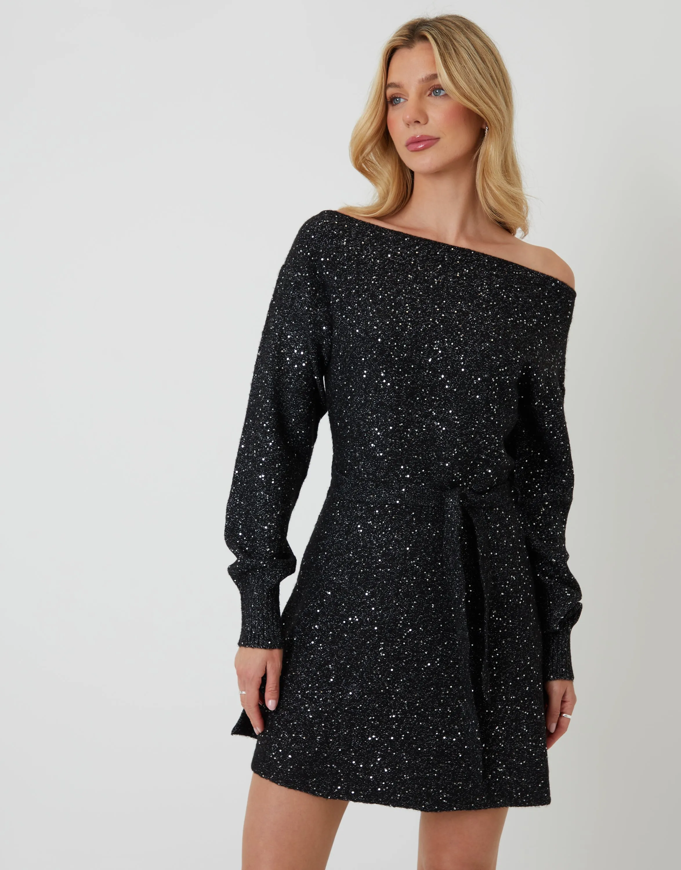 Black Knitted Sequin Slash Neck Mini Dress sold by Threadbare product image thumbnail 2