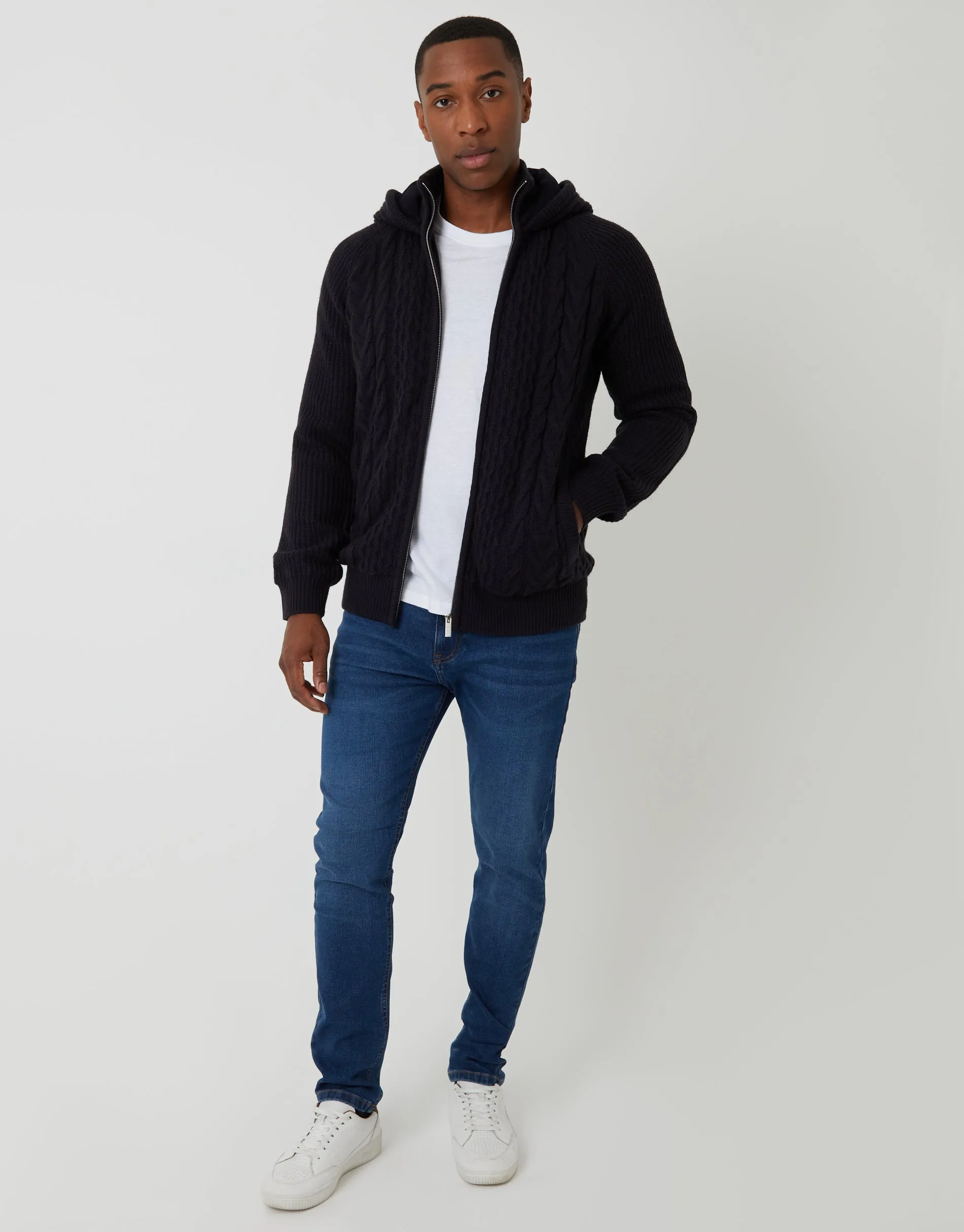 Navy Cable Knit Microfleece Lined Zip Through Hoodie sold by Threadbare product image thumbnail 3