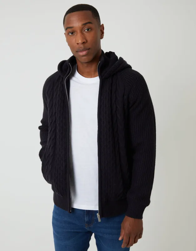 Navy Cable Knit Microfleece Lined Zip Through Hoodie sold by Threadbare