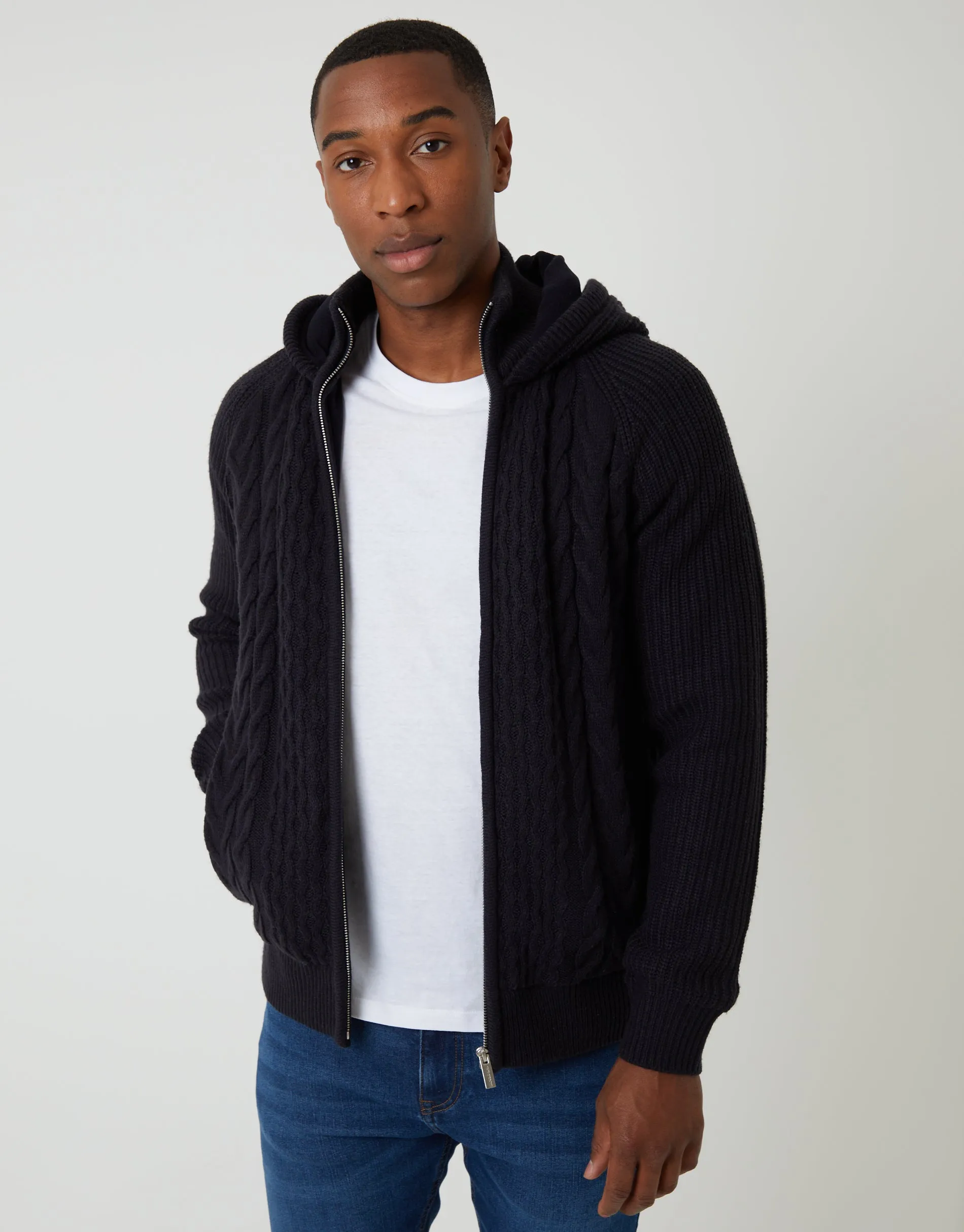 Navy Cable Knit Microfleece Lined Zip Through Hoodie sold by Threadbare