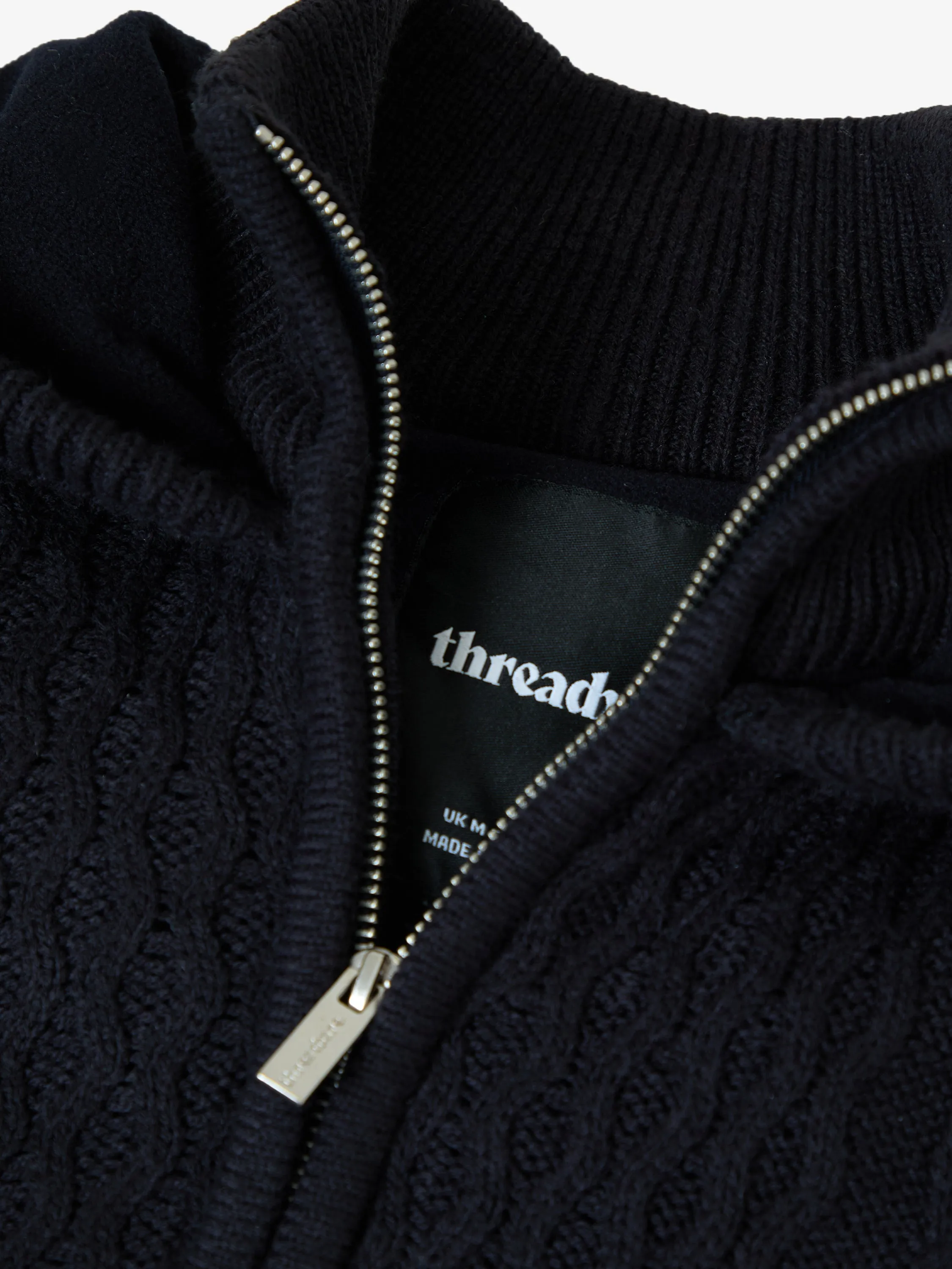Navy Cable Knit Microfleece Lined Zip Through Hoodie sold by Threadbare product image thumbnail 5