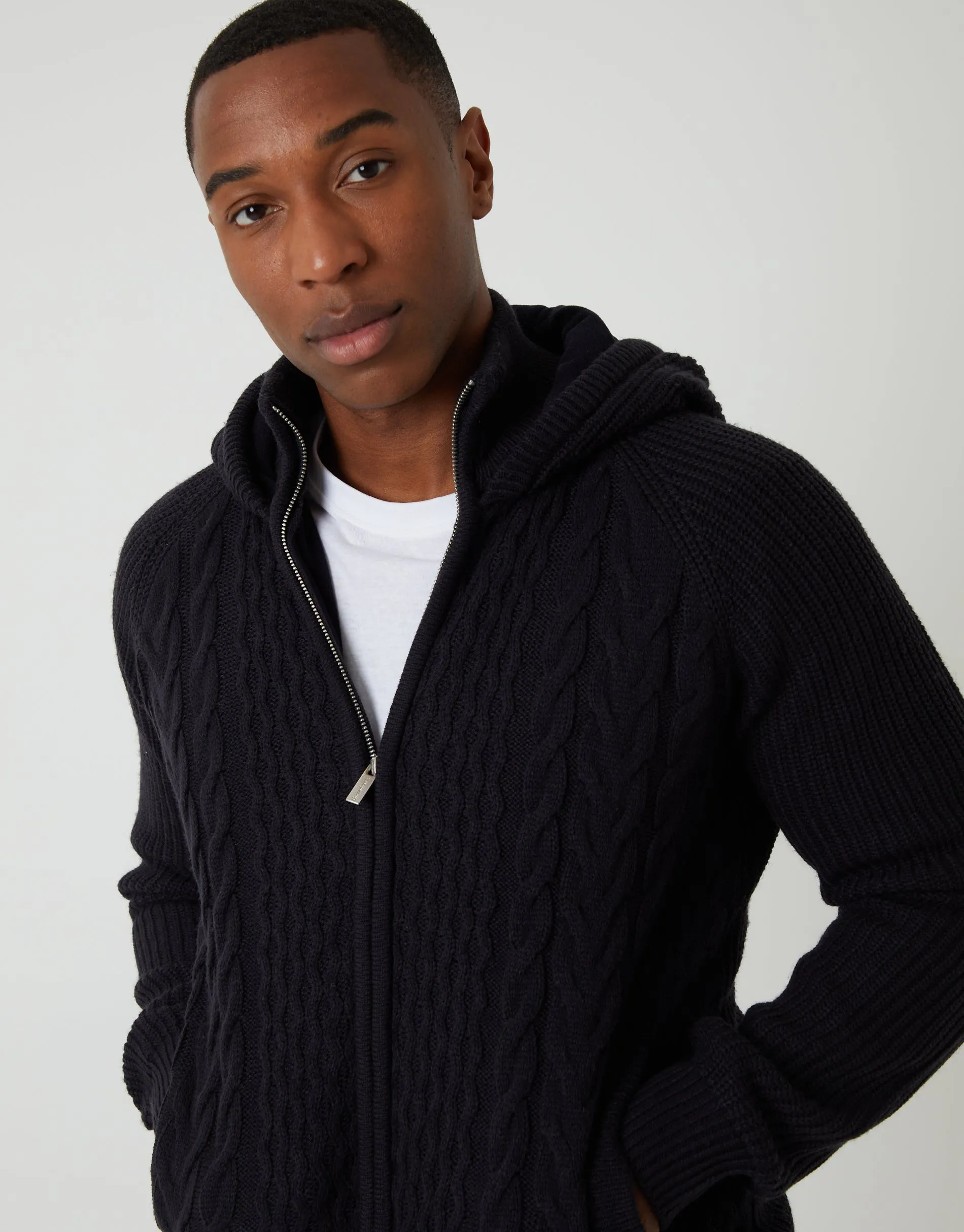 Navy Cable Knit Microfleece Lined Zip Through Hoodie sold by Threadbare product image thumbnail 4