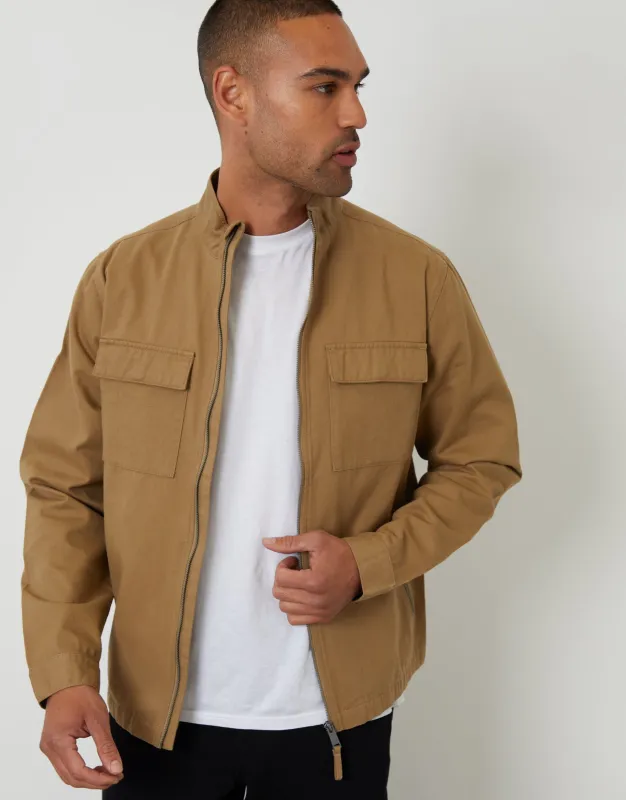 Dark Stone Cotton Twill Lightweight Funnel Neck Jacket sold by Threadbare