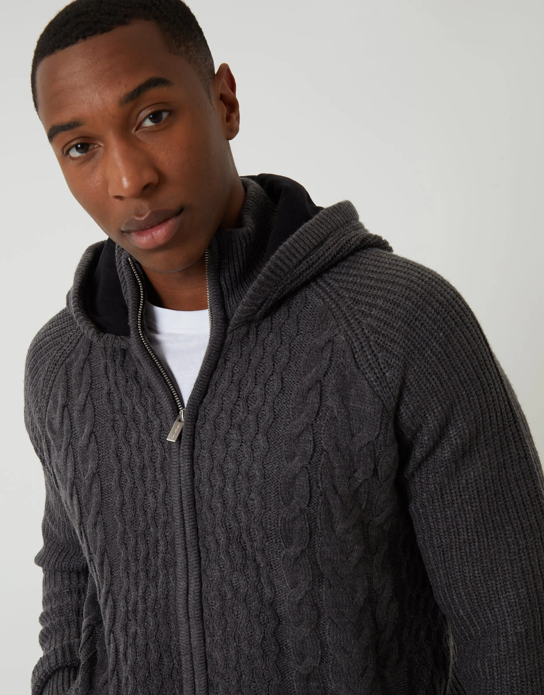 Charcoal Grey Cable Knit Microfleece Lined Zip Through Hoodie sold by Threadbare product image thumbnail 4