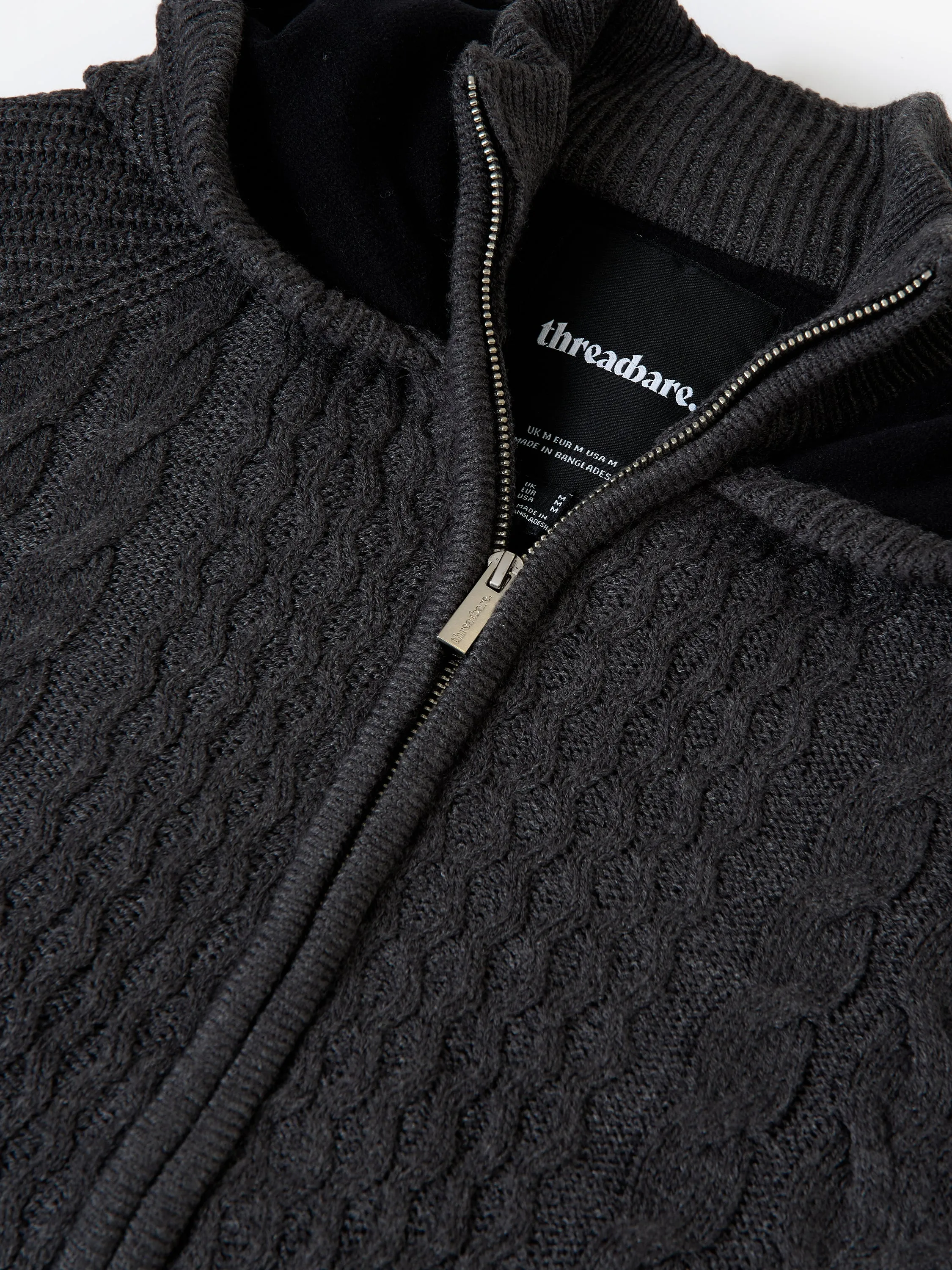 Charcoal Grey Cable Knit Microfleece Lined Zip Through Hoodie sold by Threadbare product image thumbnail 5
