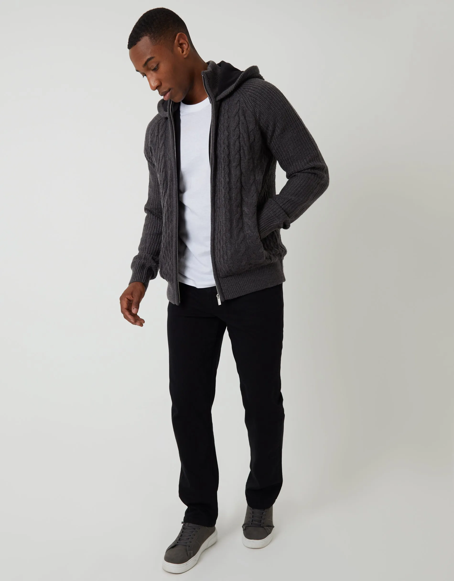 Charcoal Grey Cable Knit Microfleece Lined Zip Through Hoodie sold by Threadbare product image thumbnail 3