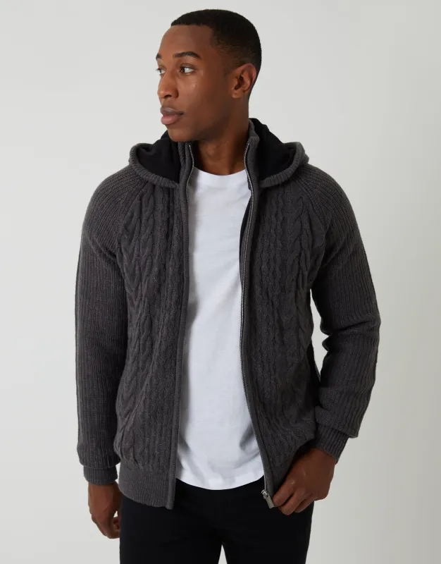 Charcoal Grey Cable Knit Microfleece Lined Zip Through Hoodie sold by Threadbare