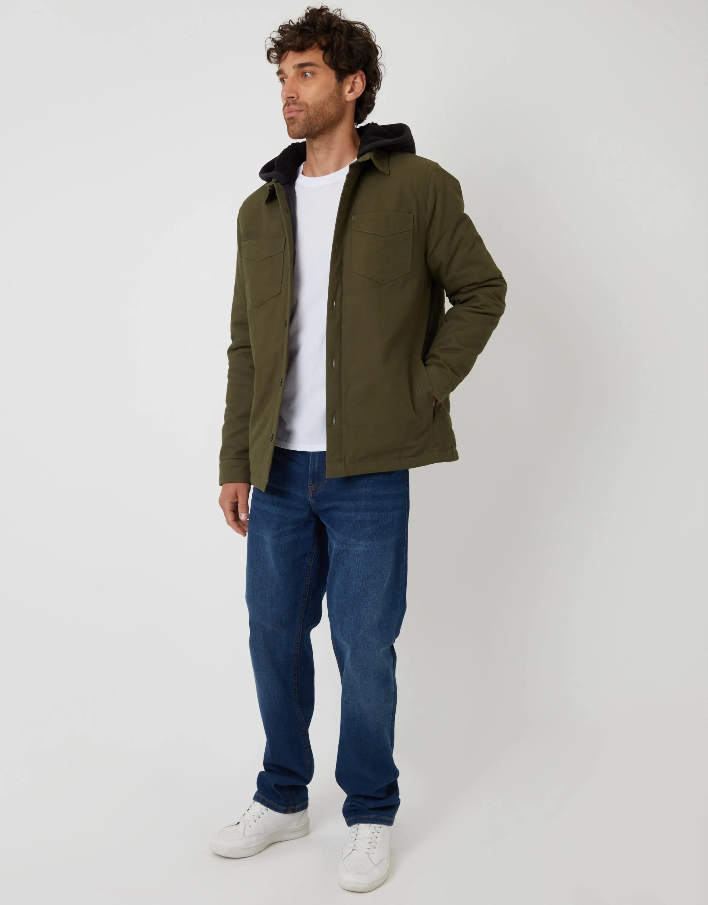 Khaki Green Quilted Shacket with Borg Lined Hood sold by Threadbare product image thumbnail 3