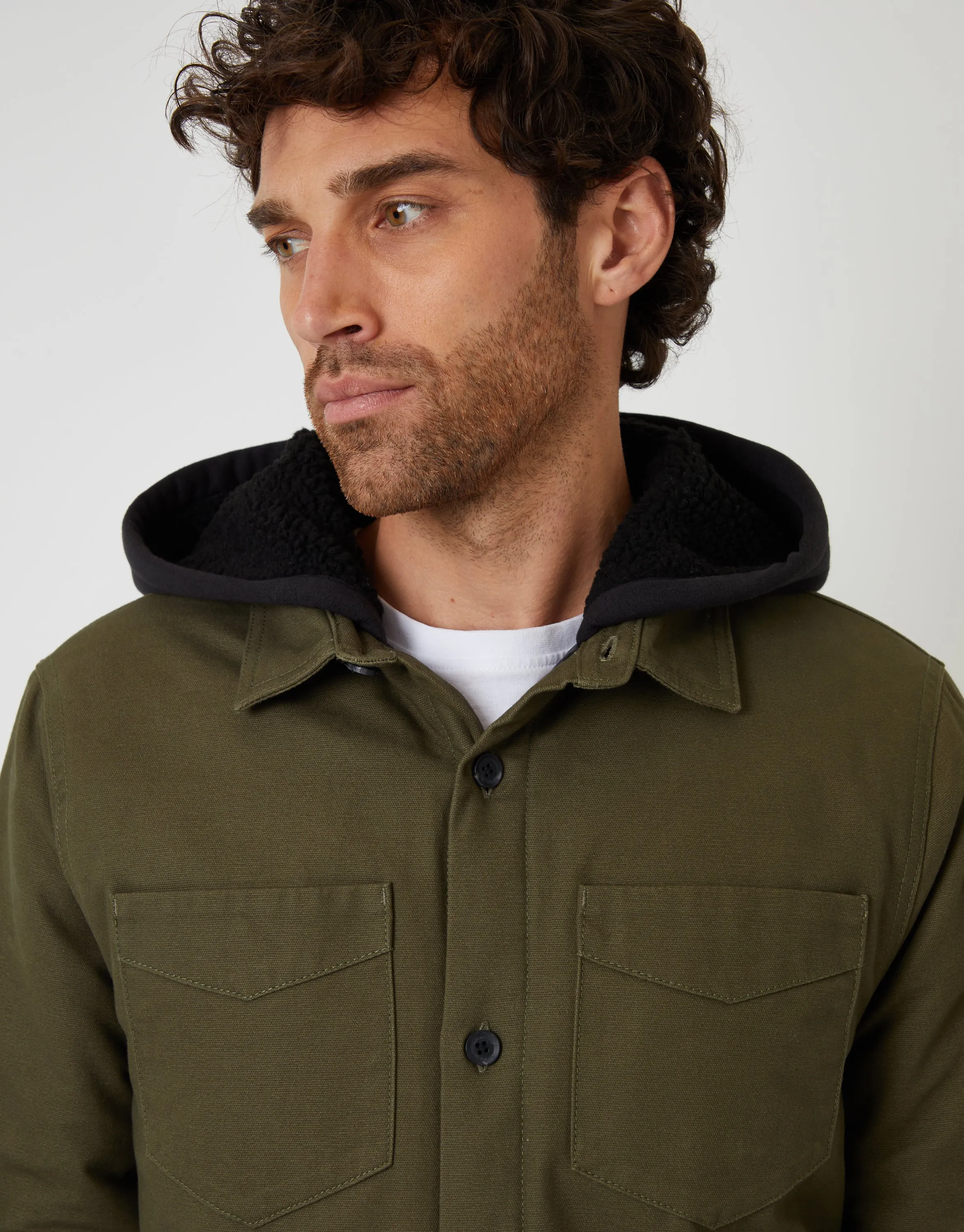 Khaki Green Quilted Shacket with Borg Lined Hood sold by Threadbare product image thumbnail 4