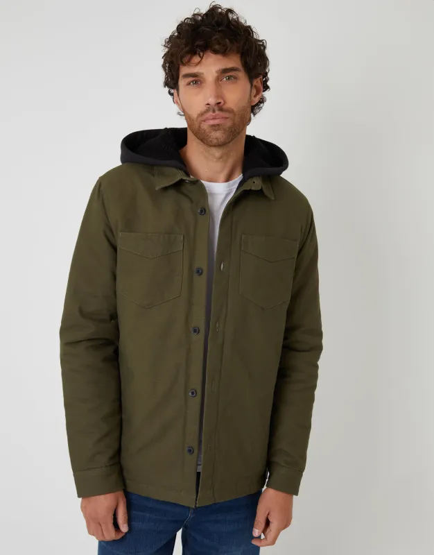 Khaki Green Quilted Shacket with Borg Lined Hood sold by Threadbare