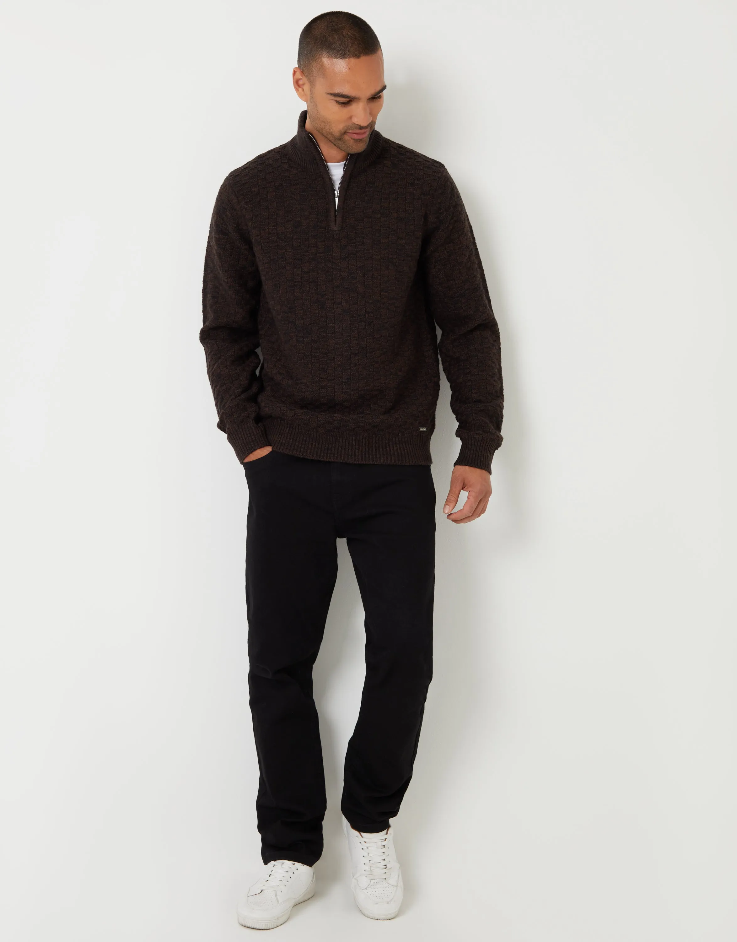 Brown Basket Stitch Quarter Zip Jumper sold by Threadbare product image thumbnail 4