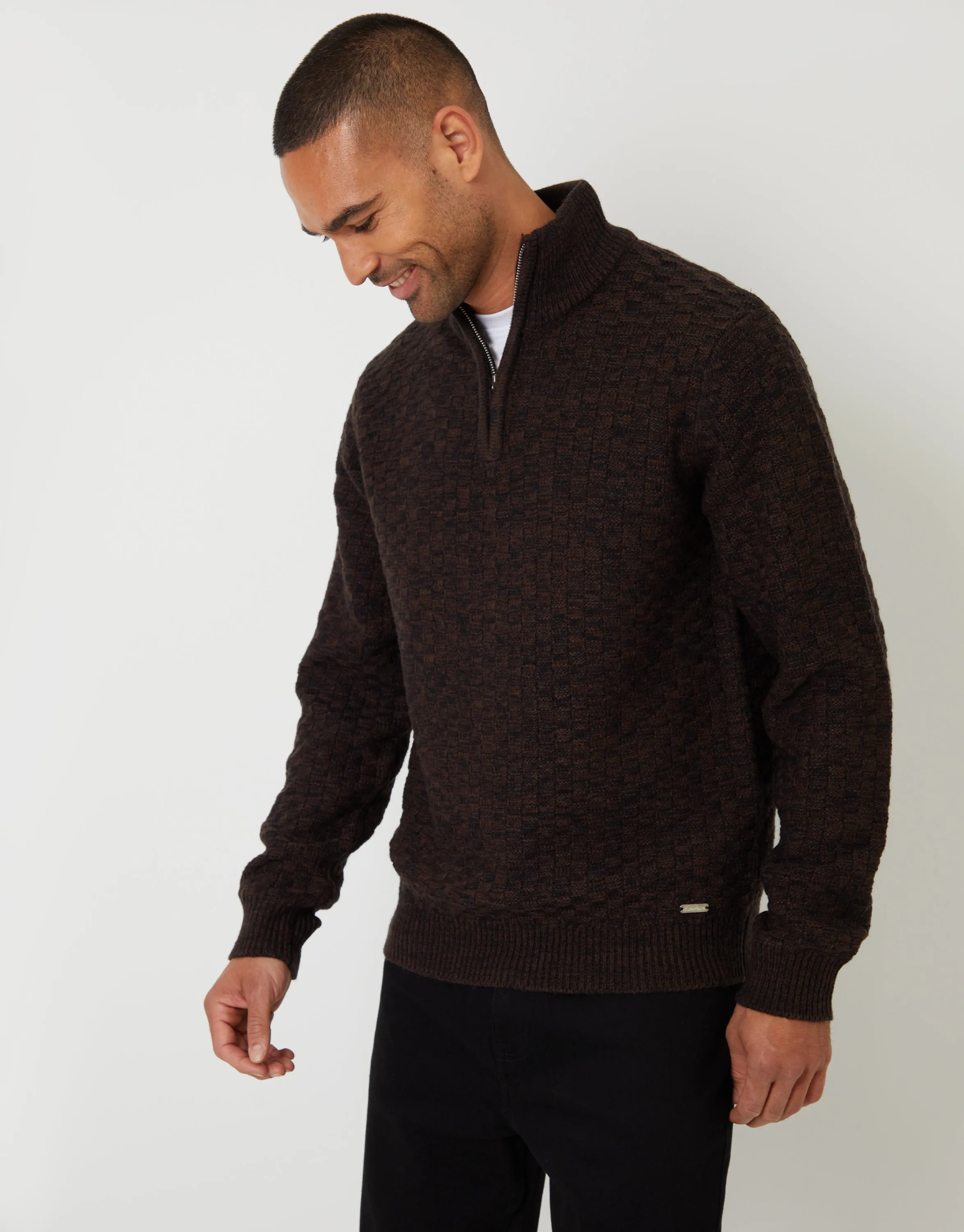 Brown Basket Stitch Quarter Zip Jumper sold by Threadbare product image thumbnail 2