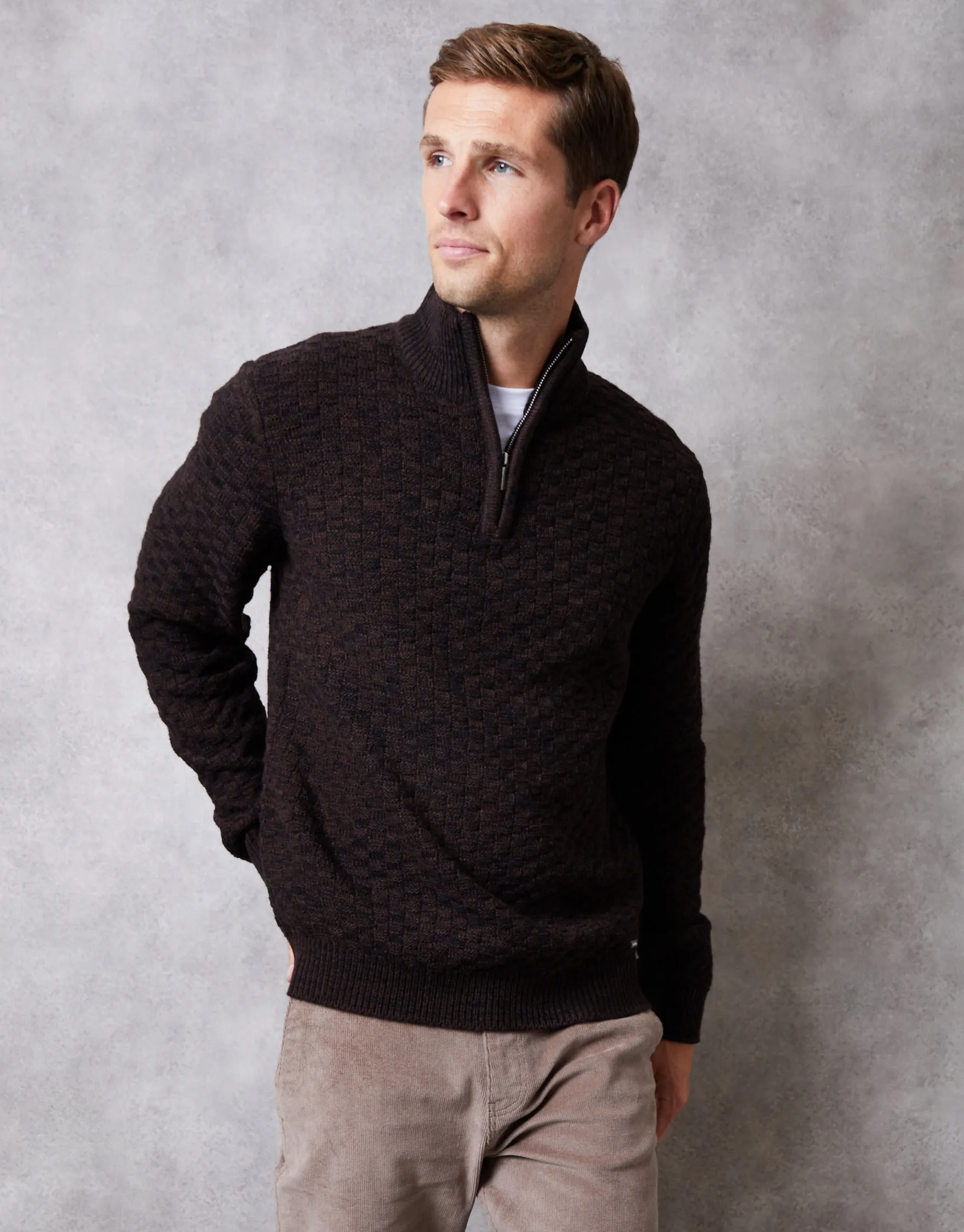 Brown Basket Stitch Quarter Zip Jumper sold by Threadbare