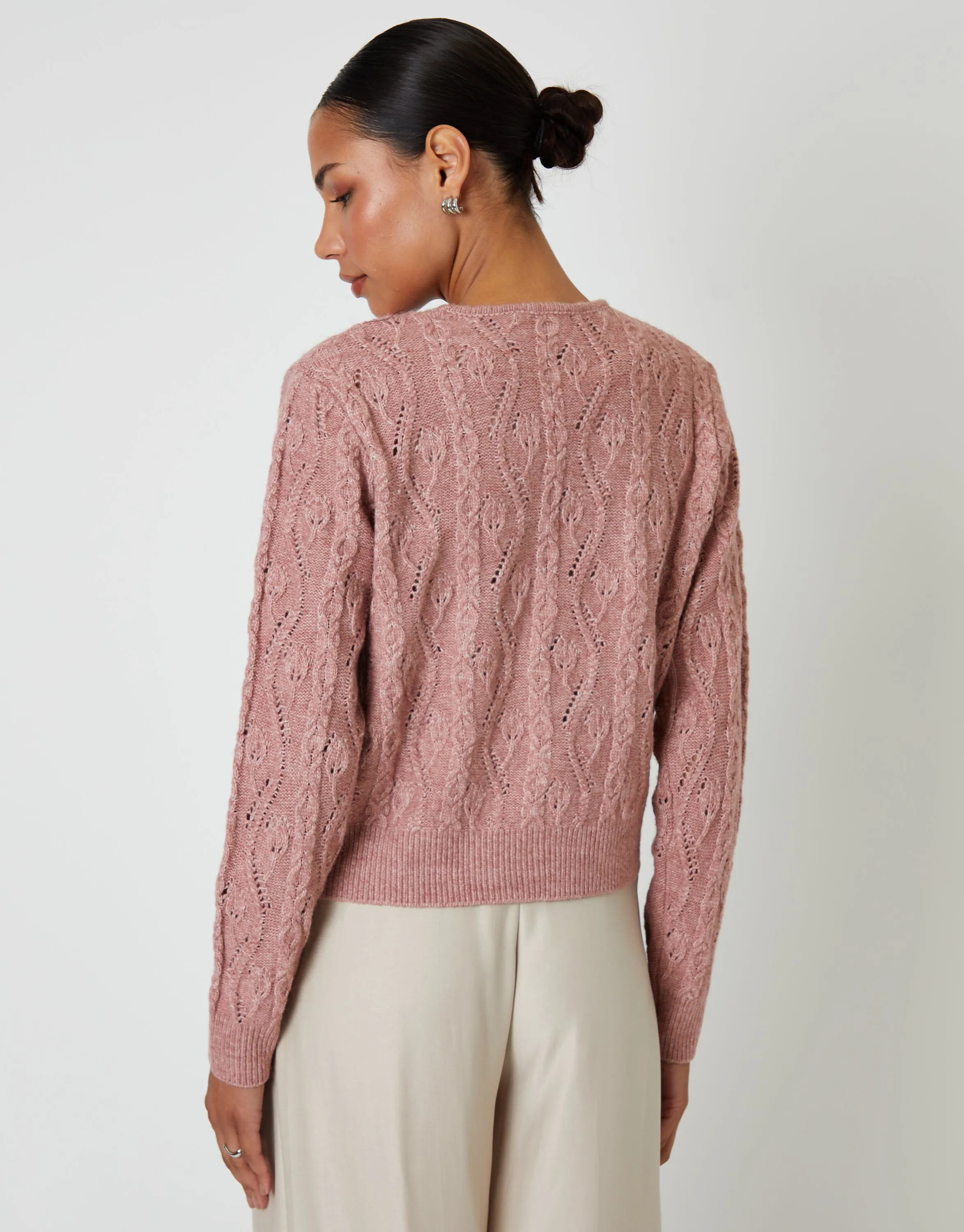 Pink Cable Knit Velvet Bow Detail Cardigan sold by Threadbare product image thumbnail 3