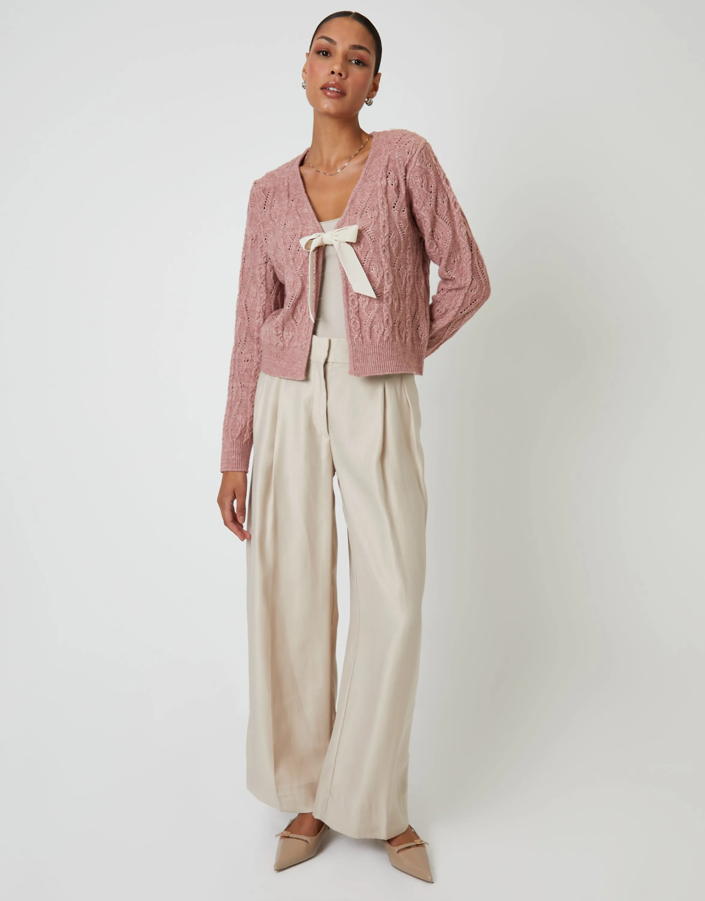 Pink Cable Knit Velvet Bow Detail Cardigan sold by Threadbare product image thumbnail 4